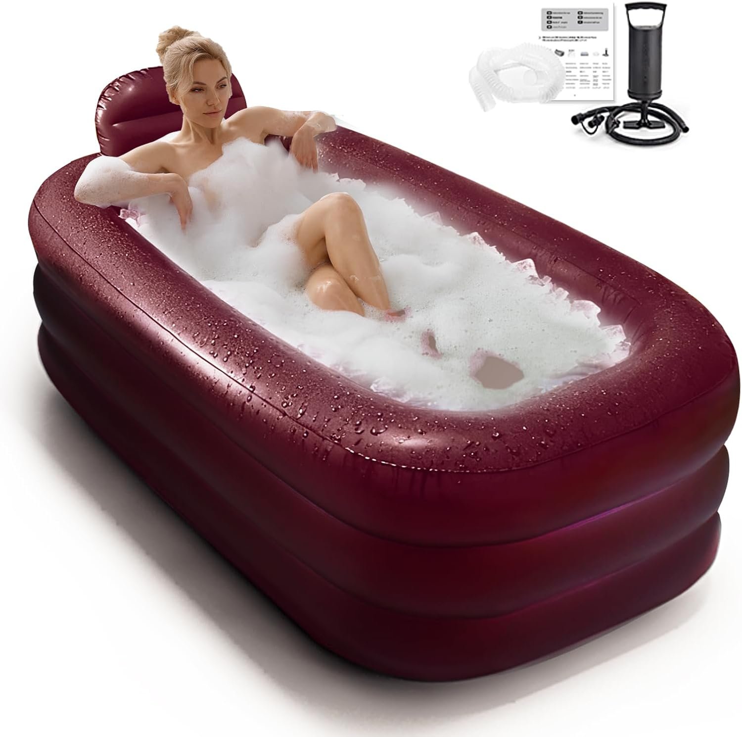 Inflatable Bathtub for Women, with Pillow Headrest – Portable Foldable Freestanding Hot Spa Bath Tub, Elegant Indoor One-Person Soaking Tub for Self-Care & Relaxation,Burgundy