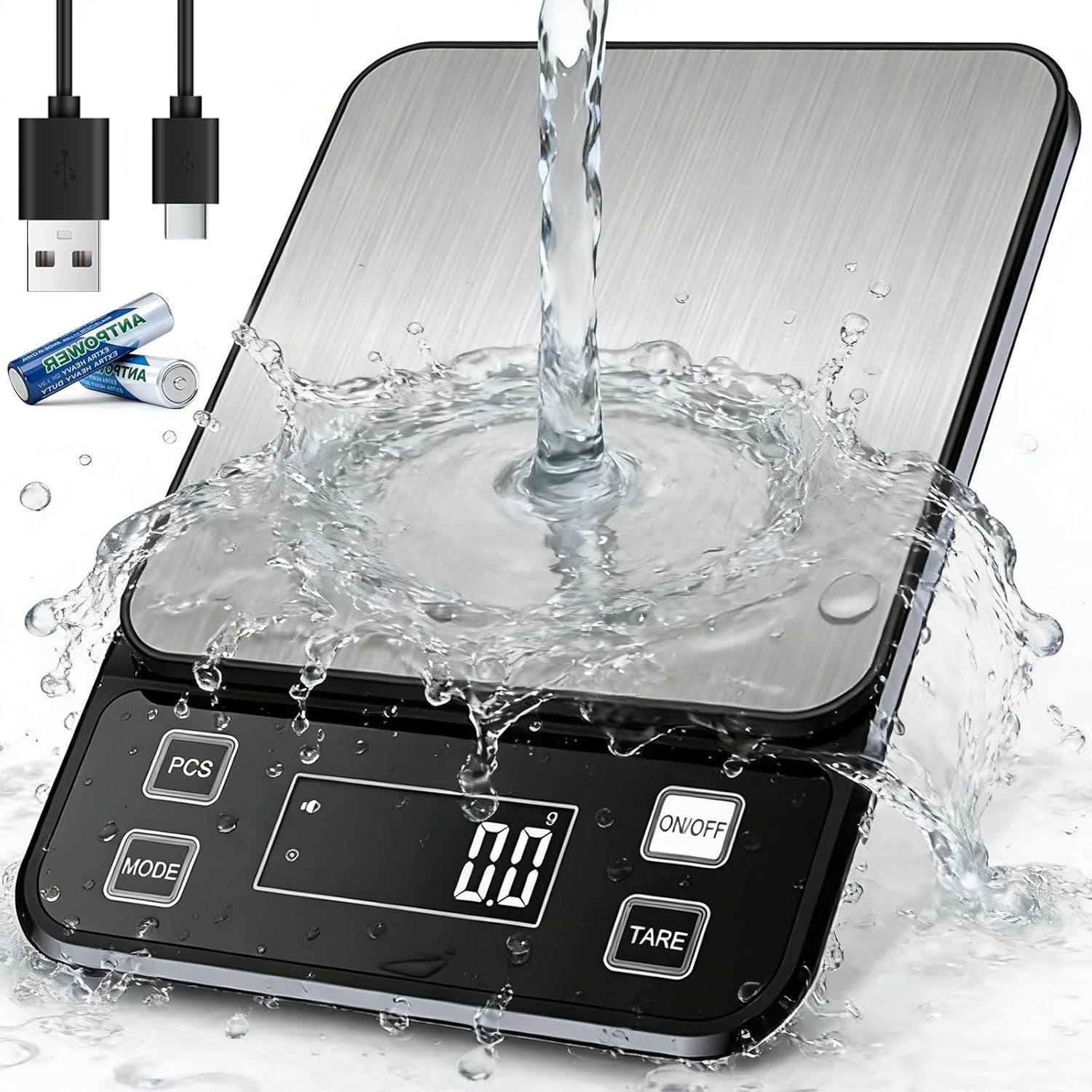 Waterproof Kitchen Scale, 10kg/22lb Food Scale Precisely Measures Grams and Ounces for Baking and Cooking, Stainless Stee Digital Scale with Backlight for Food