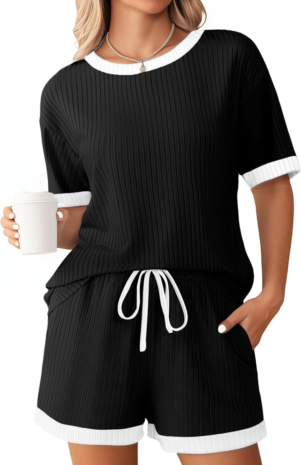 Ekouaer Women Ribbed Knit Pajama Sets, 2 Piece Short Sleeve Top and Shorts Soft Pjs Sleepwear with Pockets Lounge Sets S-XXL