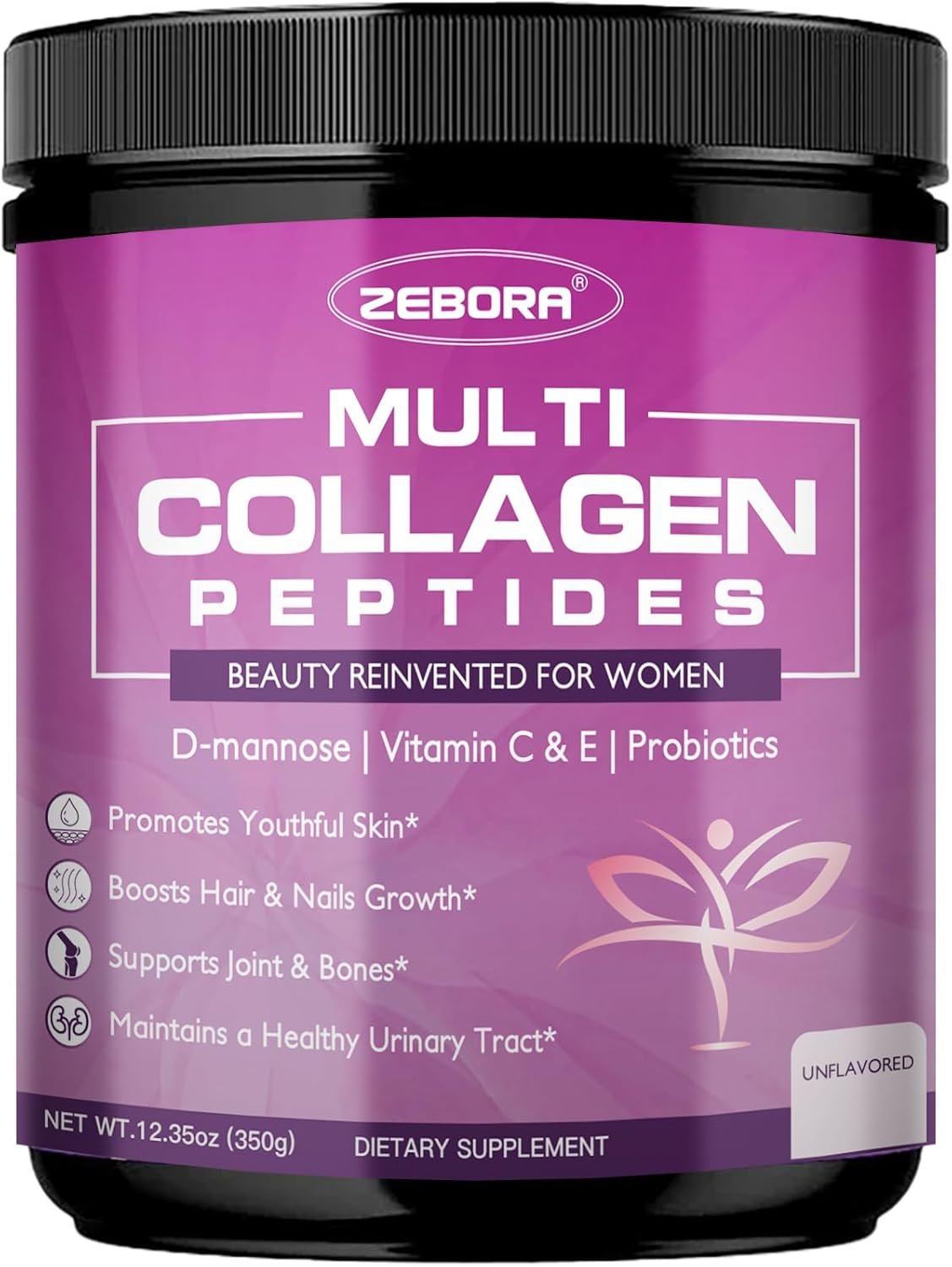 ZEBORA Collagen Peptides Powder for Women – Hydrolyzed Collagen Peptides with Women’s Probiotics & D-Mannose – Supports Skin, Hair, Nails, and Urinary Tract Health, Unflavored, 35 Servings