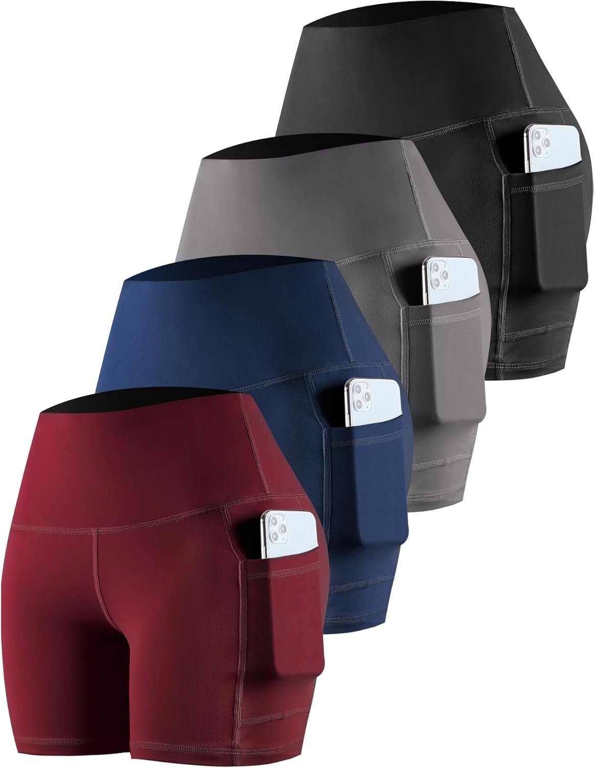CHRLEISURE Womens Biker Yoga Shorts with Pockets: High Waisted Tummy Control Spandex Workout Athletic Gym Shorts 4 Packs