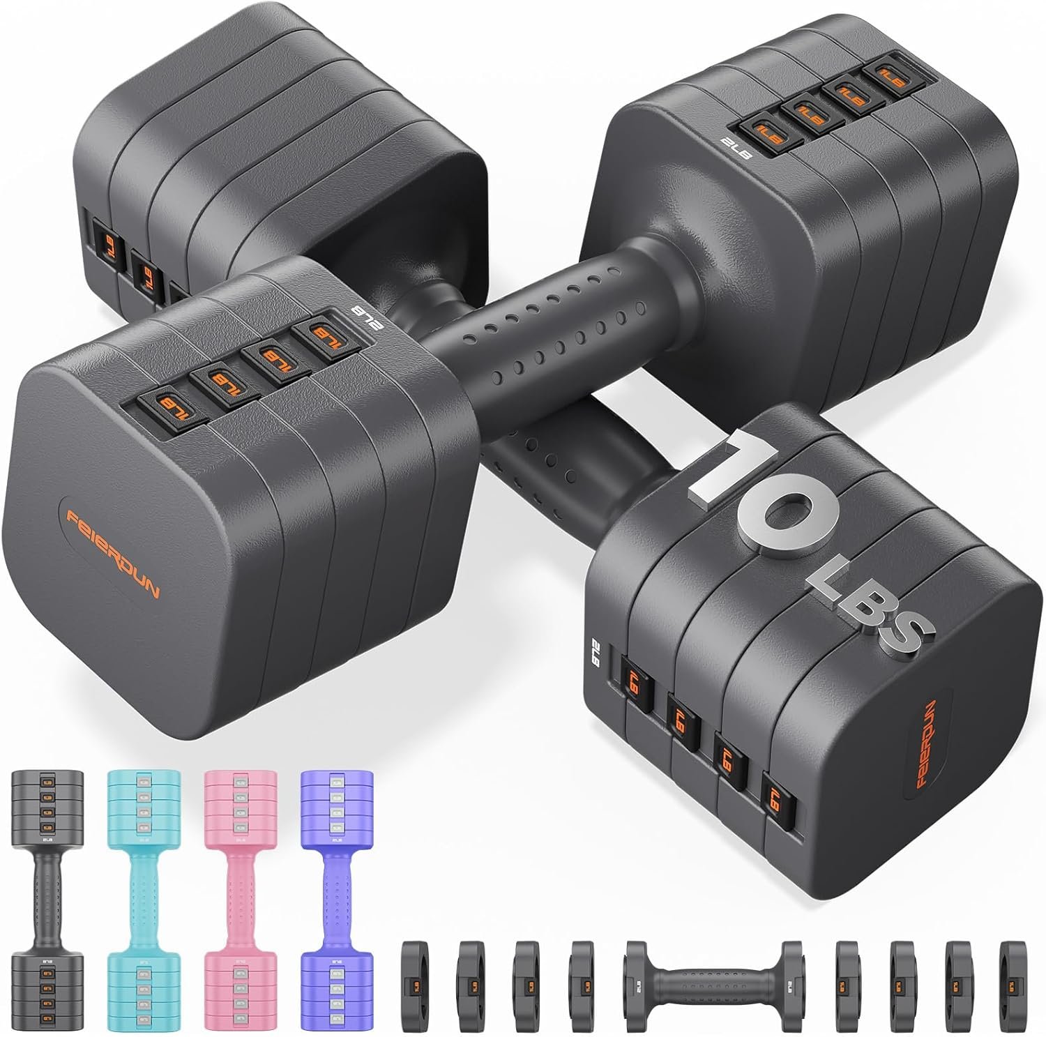FEIERDUN DB3 5-in-1 Adjustable Dumbbell Set of 2, 12LBS/20LBS Hand Weights for Women, Men, 1s-Adjust Dual-Stable Dumbbell Set for Women Home Gym & Outdoor