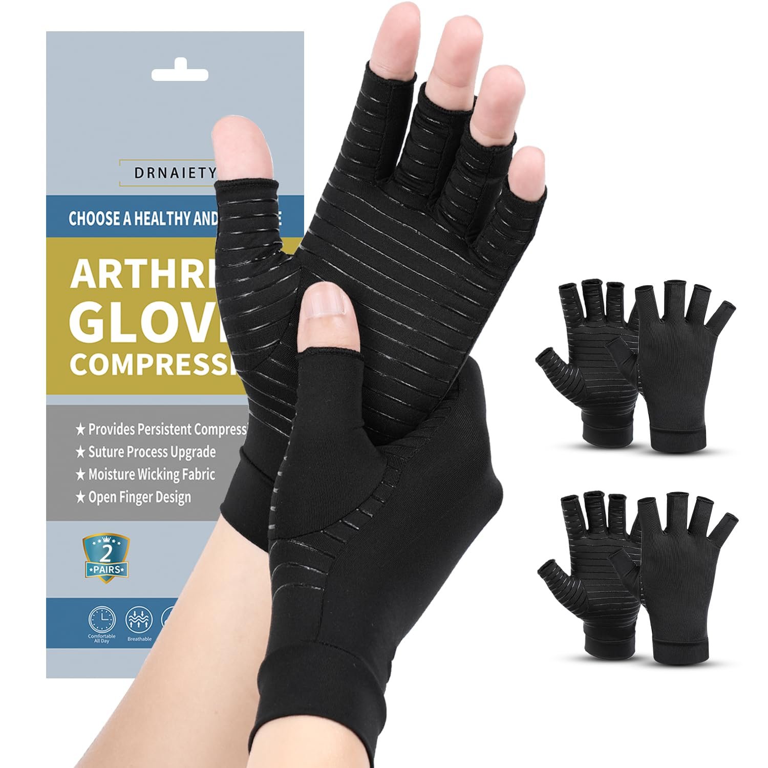 DRNAIETY 2 Pairs Copper Arthritis Compression Gloves for Women and Men, for Arthritis Hand Pain, Anti-Slip, Fingerless, Comfortable for Work, Kept in Motion(Large)
