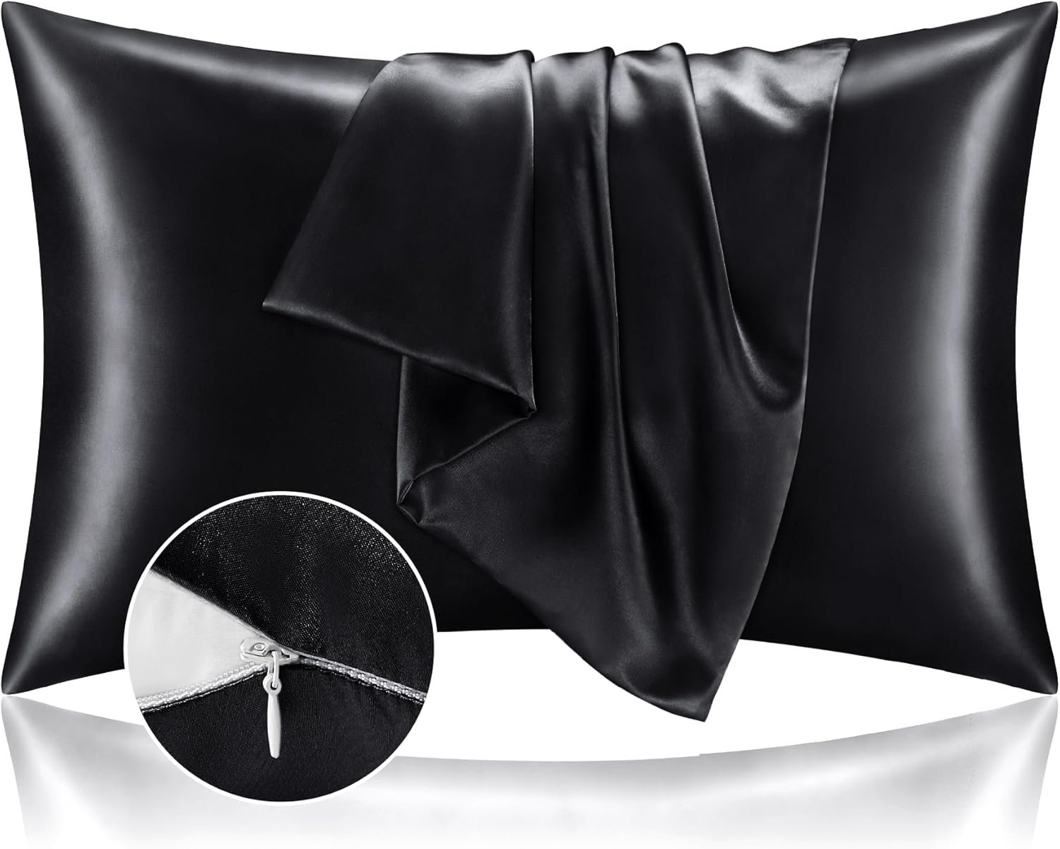 BEDELITE Satin Pillowcase with Zipper, Black Pillow Cases Queen Size Set of 2, Super Soft and Cooling Similar to Silk Pillow Cases, Gift for Women Men(20×30 Inches)