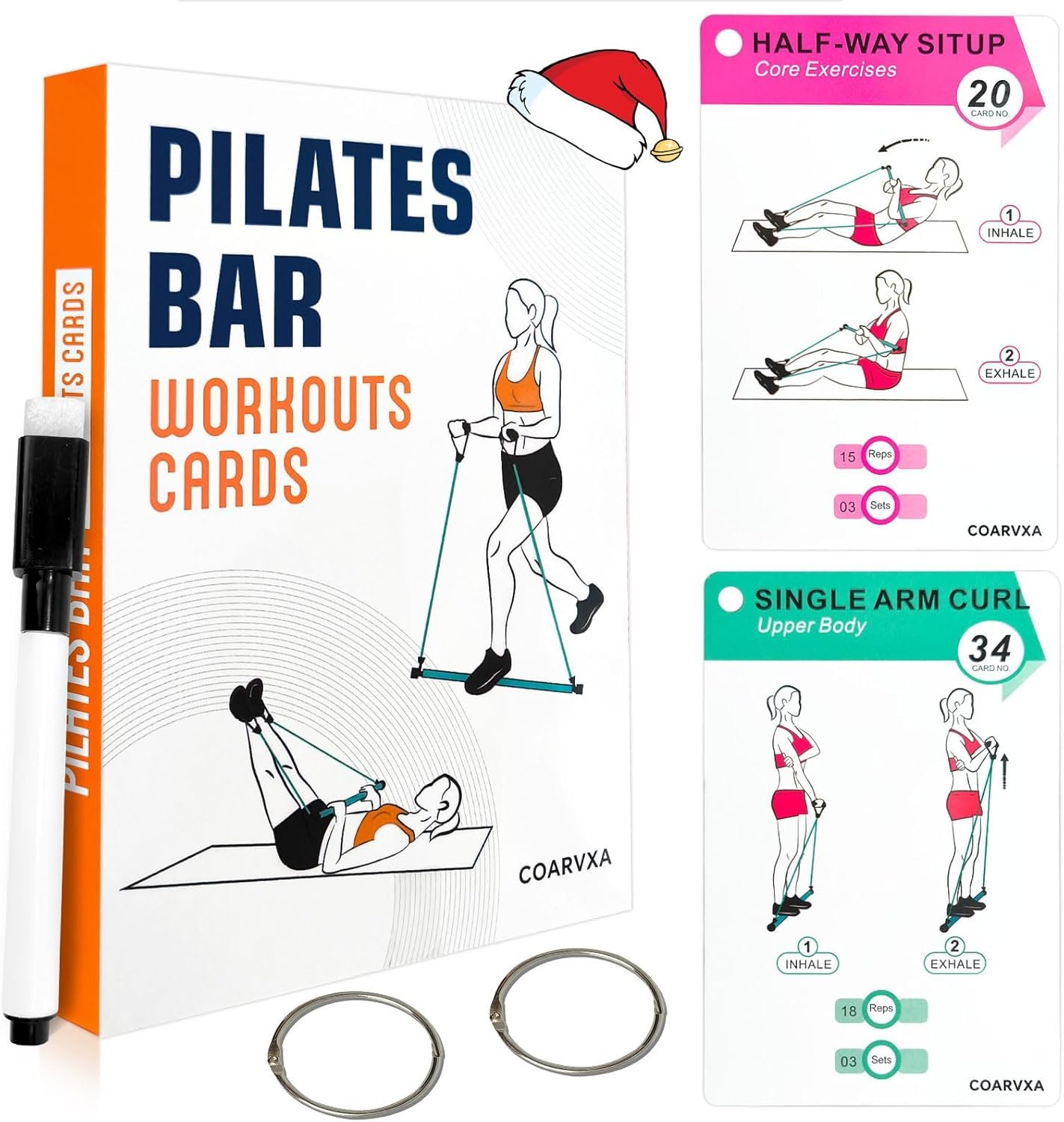 Pilates Bar Workouts for Women-58 Exercise Cards with Pilates Stick Work Out Postures，ncludes 4-Week Challenge,2 Rings& Dry-Erase for Easy Organization-Home, Gym or Studio