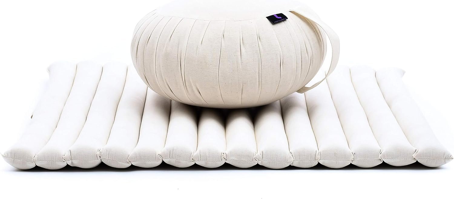 Leewadee Meditation Cushion Set – 1 Round Zafu Meditation Pillow and 1 Square Roll-Up Zabuton Meditation Mat, Pillows Bundle Filled with Kapok