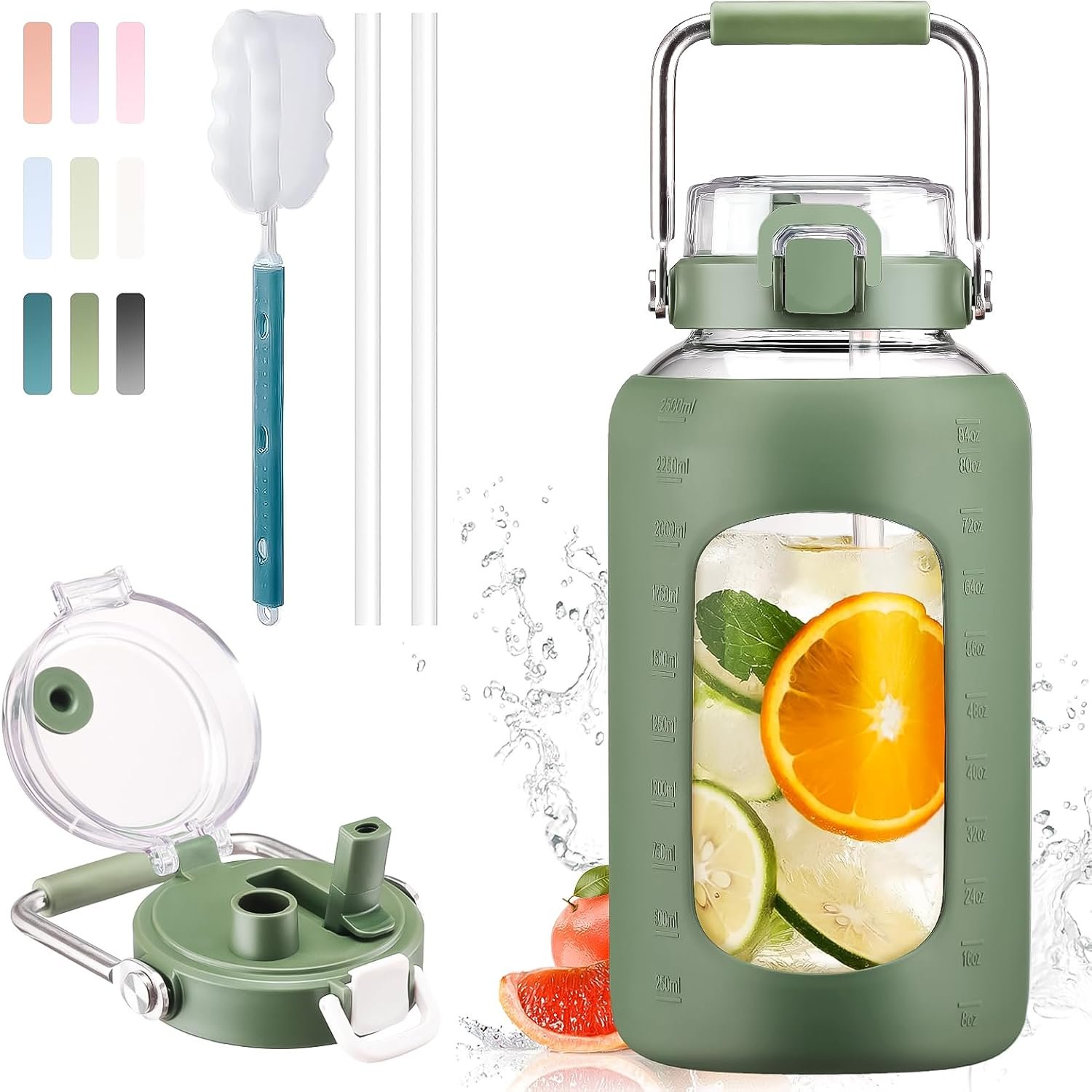 BLUEGO 84oz Water Bottle Glass with Stainless Steel Handle Large 2.5l Water Bottle with Time Markers and Silicone Sleeve Half Gallon Water Jug BPA Free for Gym Daily Use, Olive