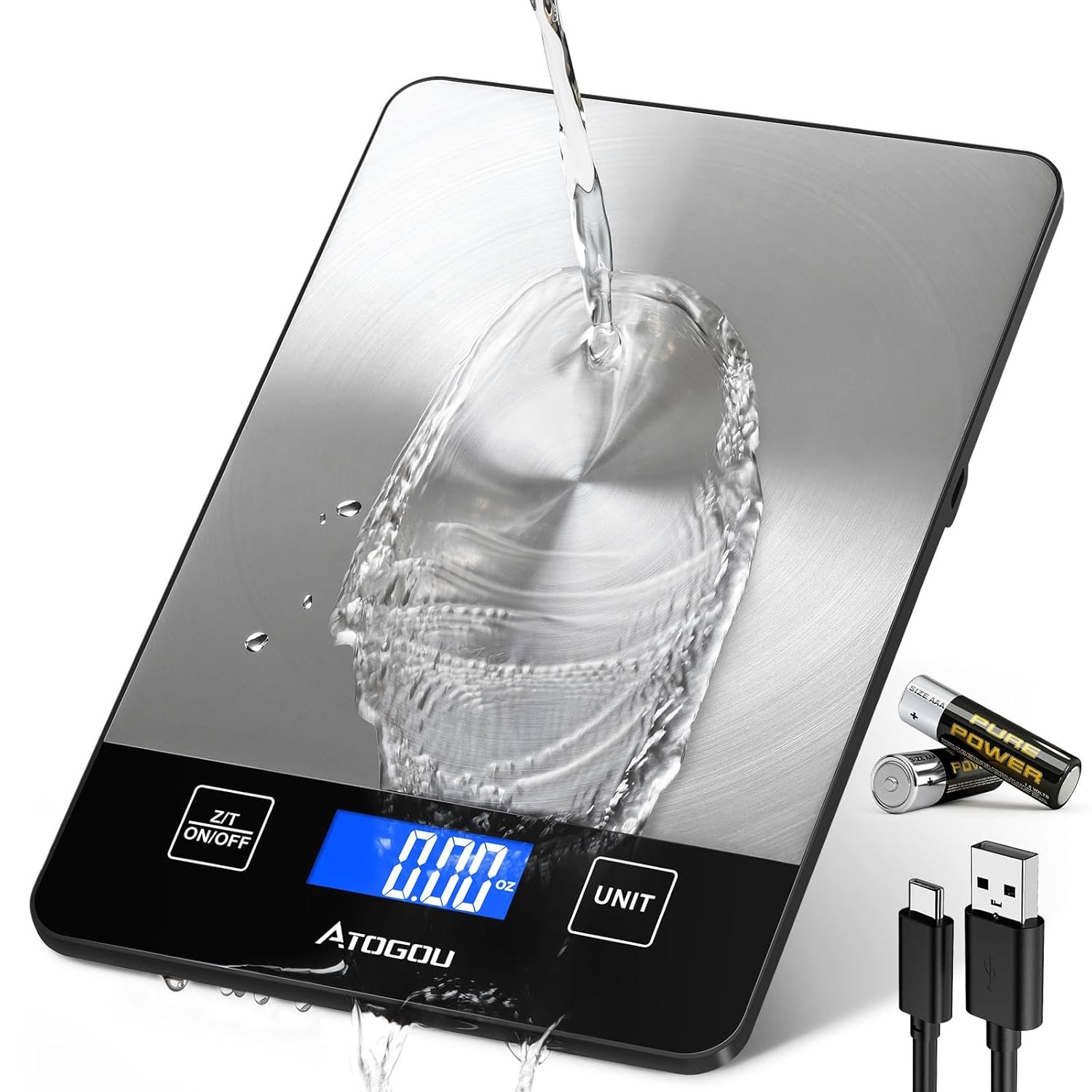 Atogou Food Scale – 33lb Digital Kitchen Scale Ounces Grams, Rechargeable & Full-View Display, Water-Resistant, Batteries or USB-C Charging, Stainless Steel, for Cooking, Meal Prep, Package (Black)