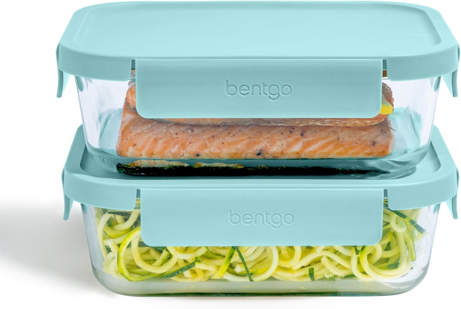 Bentgo Glass Leak-Proof Food Storage Set – 4-Piece Glass Containers with BPA-Free Airtight Lids, Reusable & Durable for Leftovers & Meal Prep – Microwave, Freezer, Oven & Dishwasher Safe (Soft Aqua)