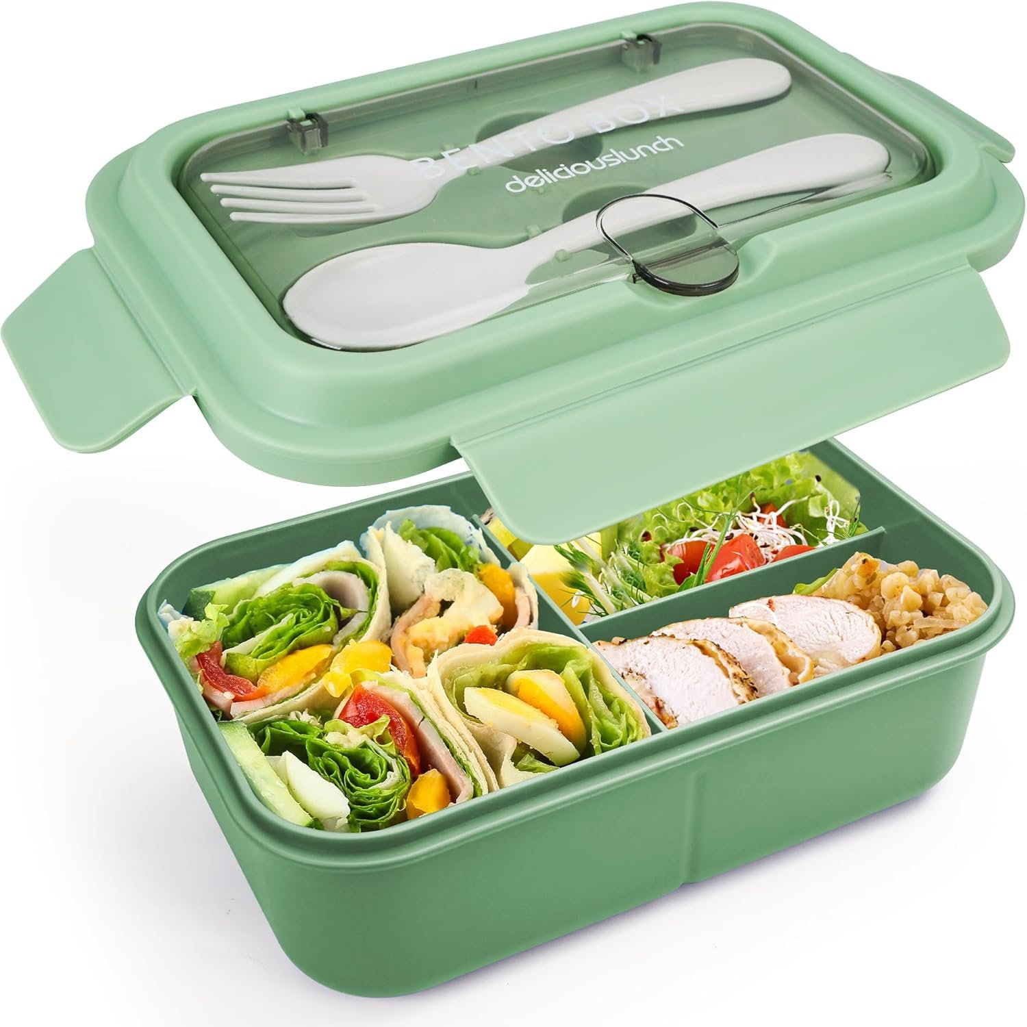 Fanhaw 40 Oz/5 Cup Bento Box for Kids, Men and Women, Lunch Box with 3 Compartments, Utensil, Microwave & Dishwasher Safe (Green)