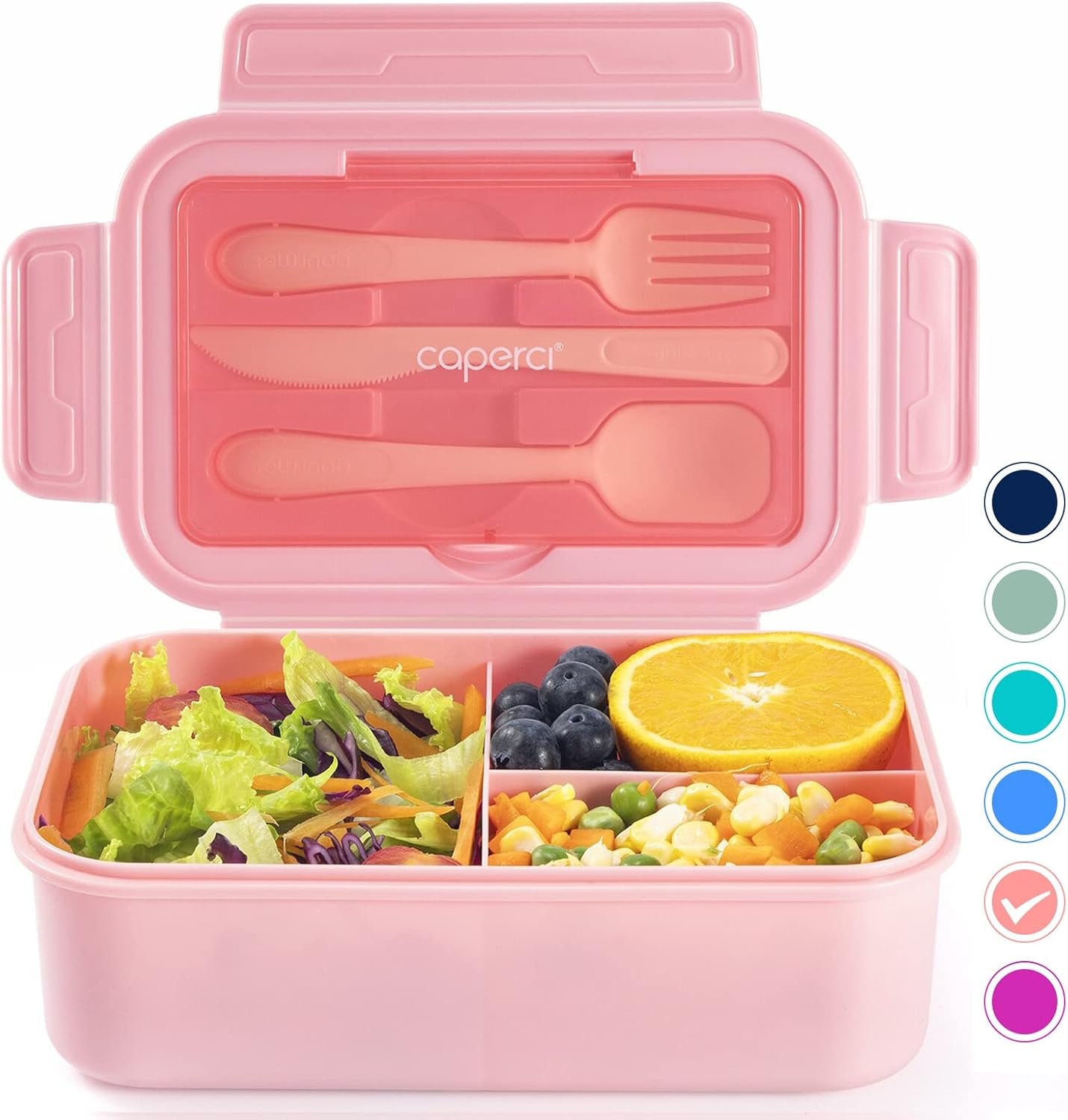 Caperci Classic Bento Box Adult Lunch Box for Older Kids – Leakpoof 47 oz 3-Compartment Lunch Containers for Adults and Teens, Built-in Utensil Set, Ideal for On-the-Go Balanced Eating, Pink
