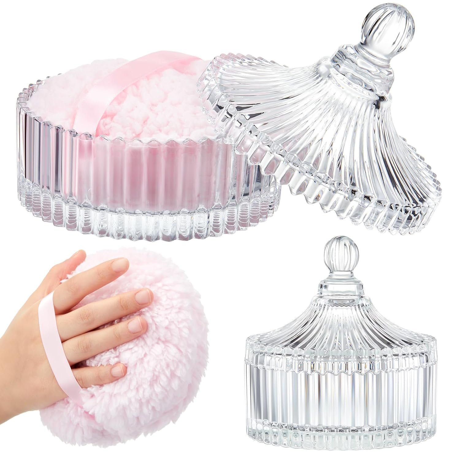 Tioncy 2 Pcs Extra Large Dusting Powder Puff and Container for Women-6” Glass Crystal Dusting Powder Container with Body Soft Washable Reusable Velour Face(Clear,Classic)