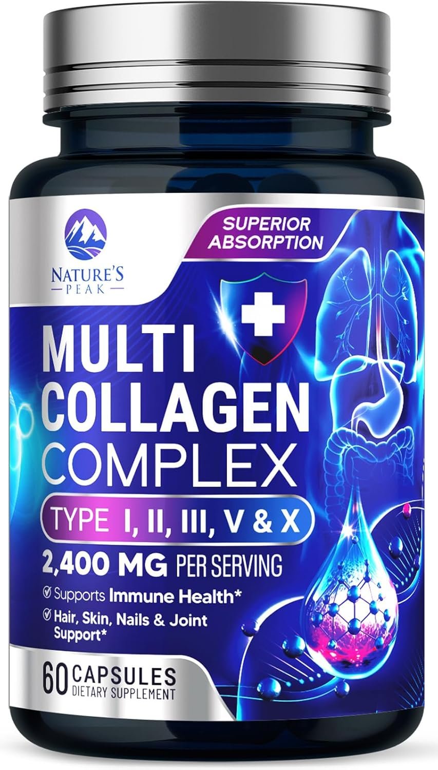 Multi Collagen Peptides Supplement for Hair, Nail, Skin – Type I, II, III, V, X, Collagen Powder Pills – Grass-Fed, Hydrolyzed for Bone and Joint Support for Women & Men, Non-GMO – 60 Capsules