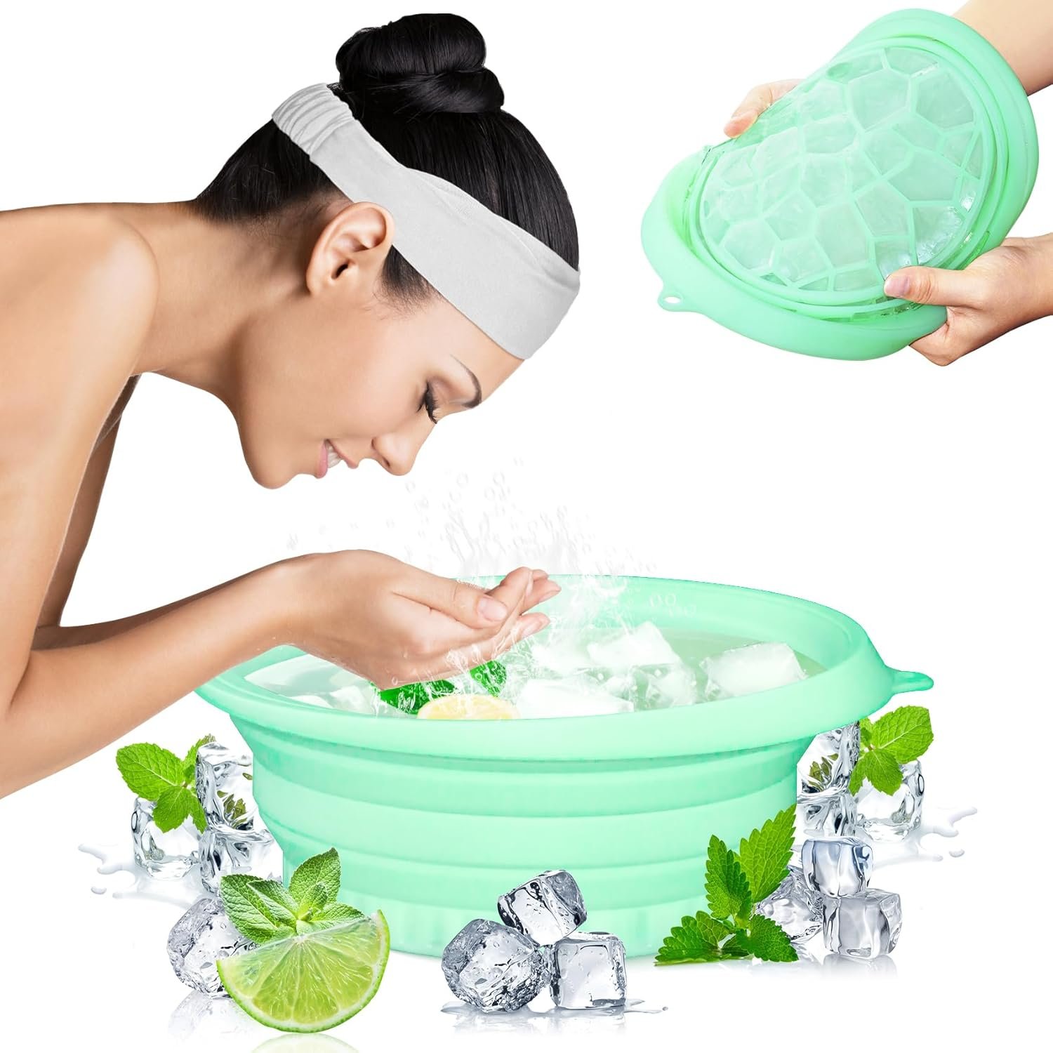 Foldable Ice Bowl with Built-In Ice Tray – Silicone Facial Ice Bath for Shrinking Pores, Boosting Circulation, Cold Plunge Skincare Gift for Men & Women (Green