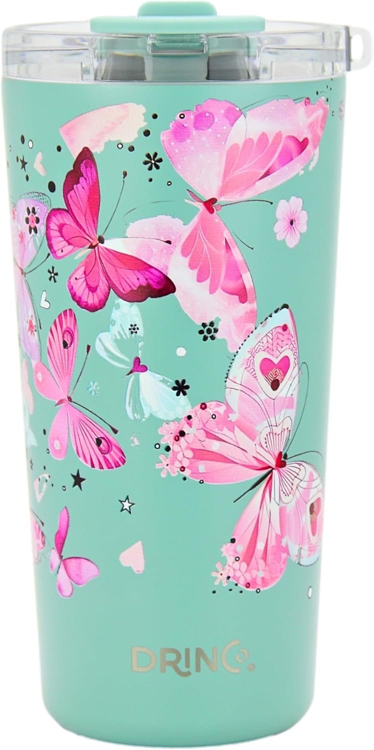 Drinco – 20 oz Stainless Steel Tumbler | Double Walled Vacuum Insulated Mug With Lid, 2 Straws, For Hot & Cold Drinks (20oz Butterfly)