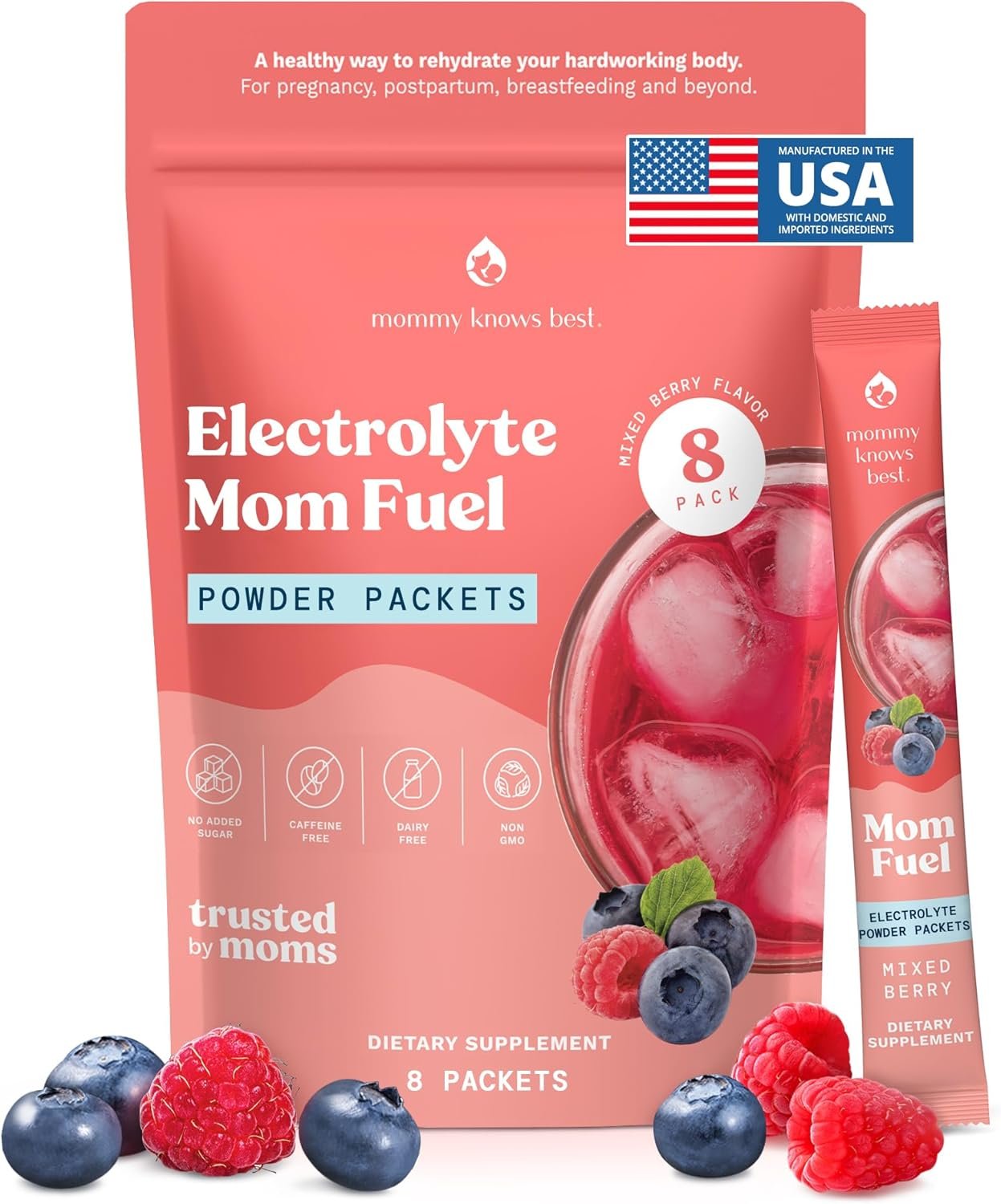 Mommy Knows Best Mom Fuel Electrolyte Drink Mix for Moms, Hydration Support – for Pregnancy, Prenatal, Electrolytes + Trace Minerals, Lactation Drink Mix Supplement (8 Count)