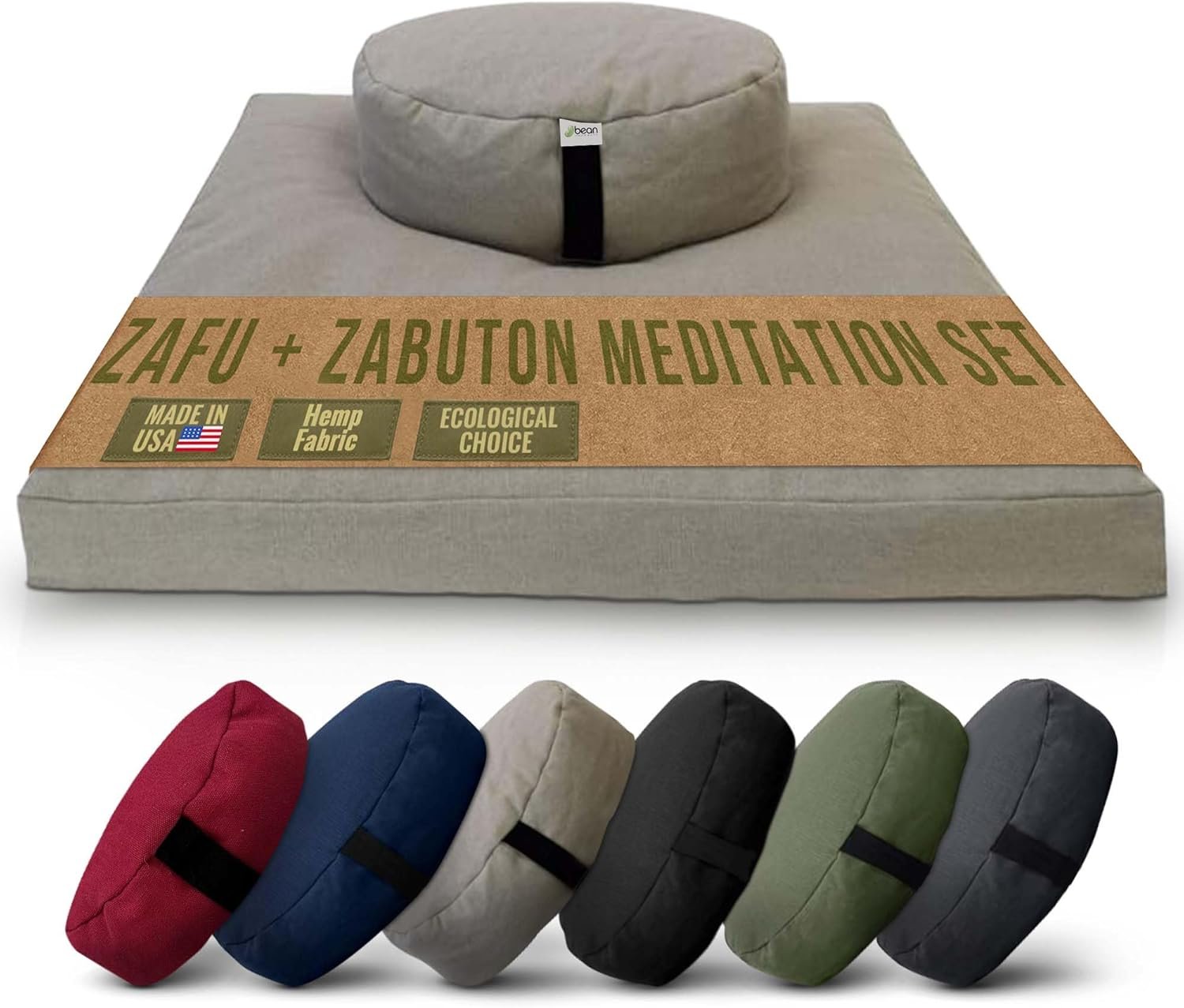 Meditation Cushion Mat Set HEMP – Large Oval Zafu Floor Pillow Organic Buckwheat Pillow + Cotton Filled HEMP Zabuton Prayer Pad – Meditation Pillow Yoga Knee Pad Made in USA – 18″ Oval, NATURAL Hemp