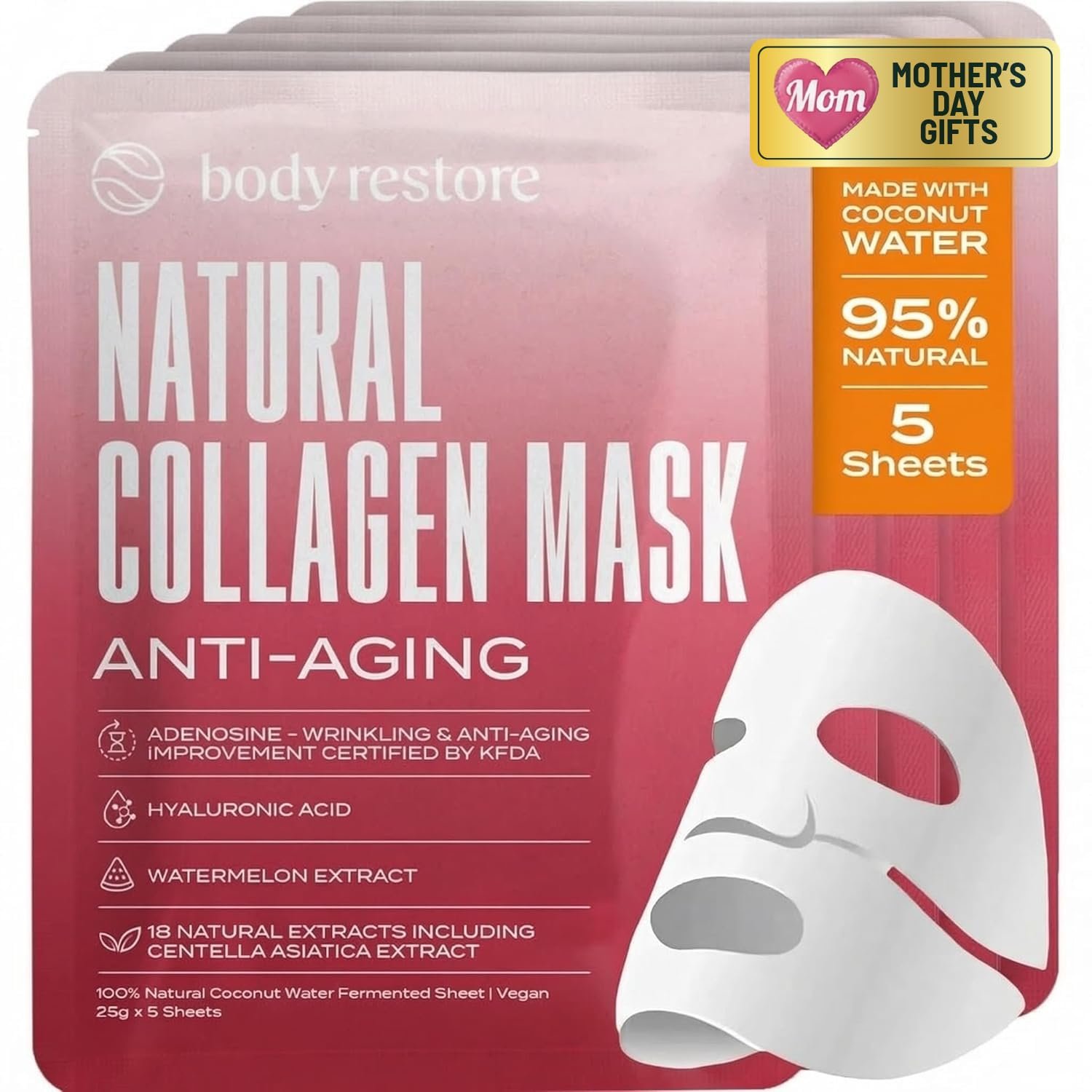 Body Restore Natural Collagen Face Mask – Mothers Day Gifts for Mom, Hydrating Skin Care, Birthday Gifts for Women, Self Care Spa Gifts – Anti-Aging 5 Pack