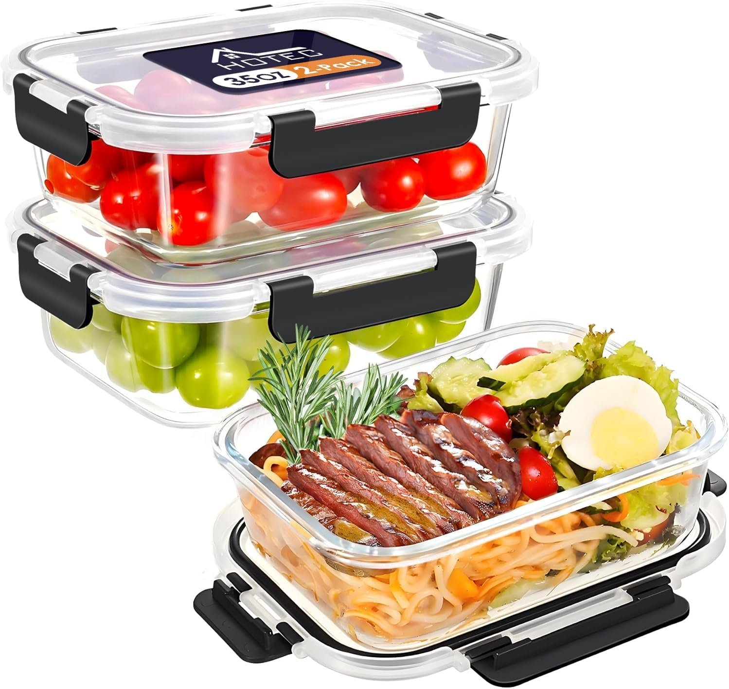HOTEC 35OZ Glass Food Storage Container, Airtight Glass Lunch Fruit Containers with Lids – Microwave, Oven, Freezer and Dishwasher Safe, 2-PACK
