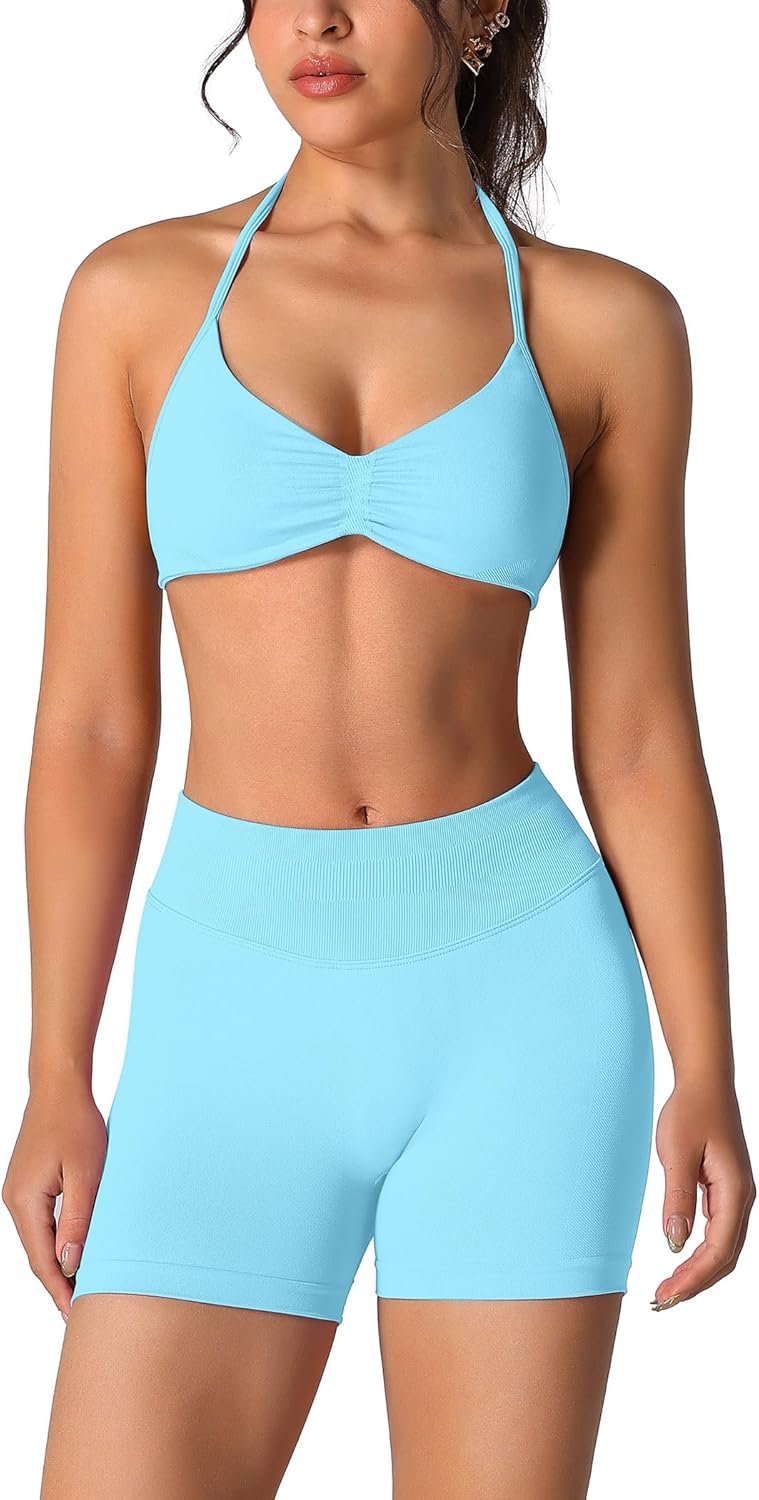 ABOCIW Womens Seamless Workout Sets 2 Piece Strappy Halter Sports Bra Scrunch Butt Shorts Gym Yoga Outfits