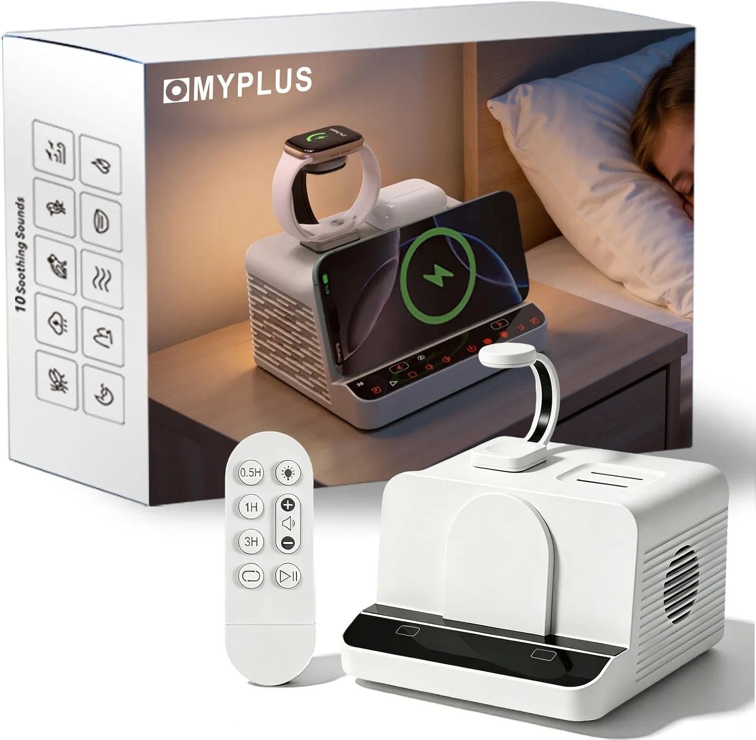 MYPLUS White Noise Machine, 10 Soothing Sounds Sleep Sound Machine with 15W Wireless Charging Station, 7-Color RGB Night Light, Remote for Sleeping, Nursery