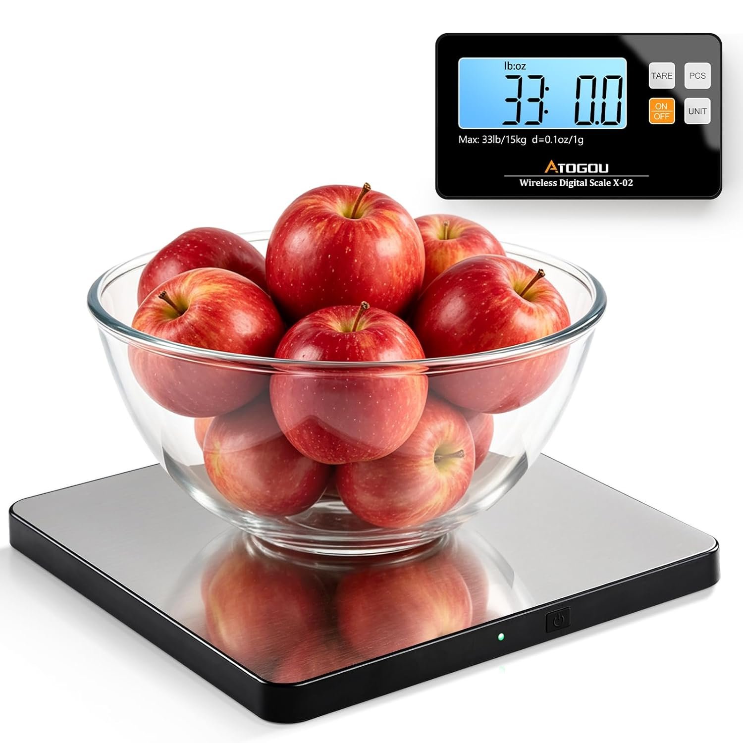 Atogou Wireless Kitchen Scale, 33lb/15kg Food Scale with Detachable Display & Larger Platform, 0.1oz/1g, 9 Units, Counting Function, Stainless Steel, for Cooking, Baking, Shipping, Silver