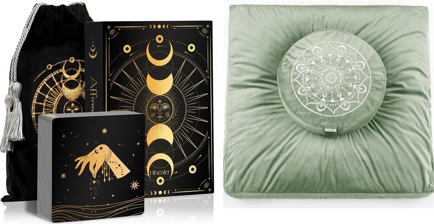 Meditation Cushion with Mindful Affirmation Cards – Large Velvet Zafu Floor Pillow for Adults, Women, and Yoga, Traditional Tibetan Buckwheat Filling for Meditation & Relaxation, Includes 52 Positive