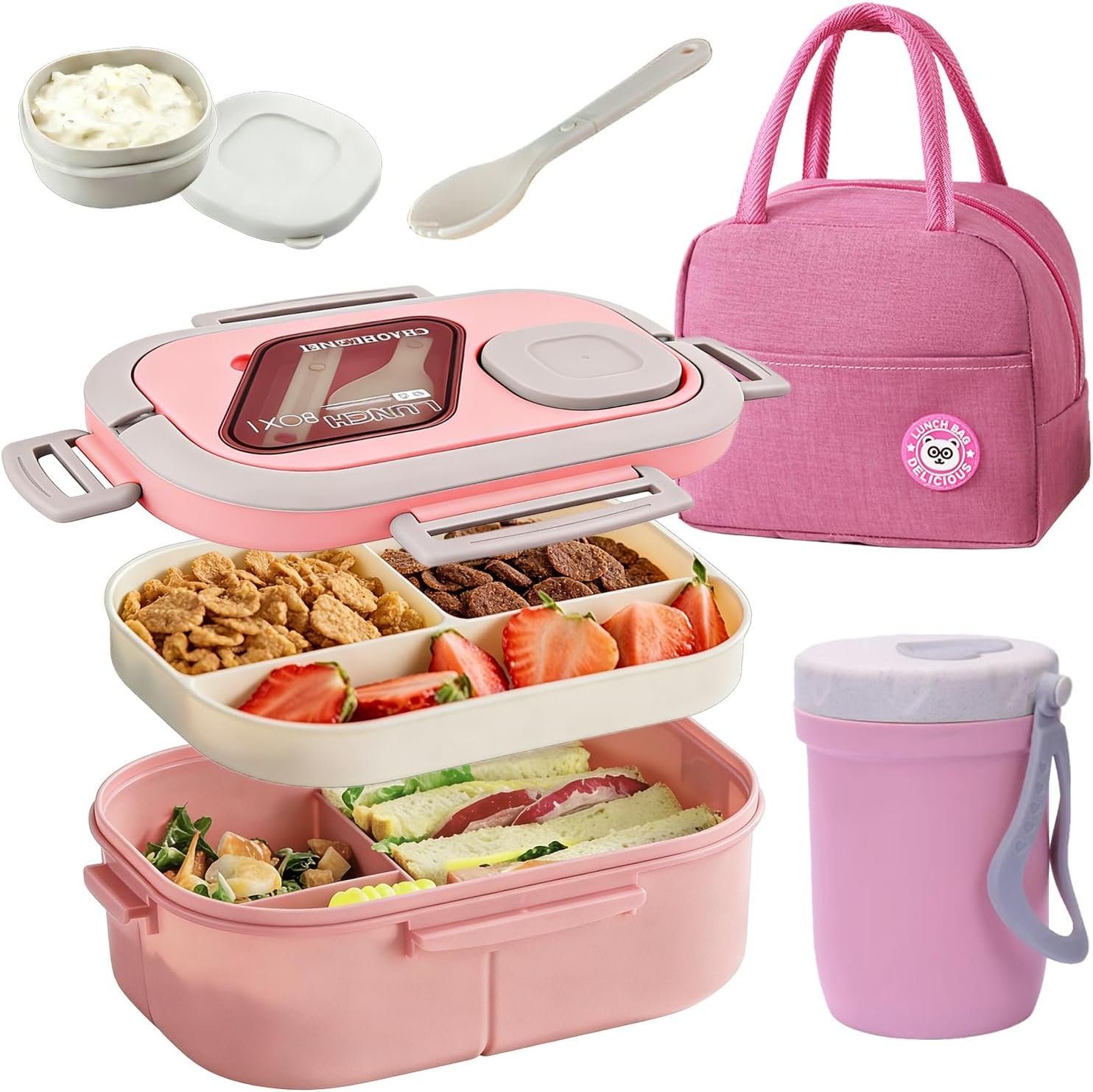 Lunch Box For Women, Bento Box Adult With 2-Tier Container, Lunch Bag, Sauce Pod, Utensil Set. Lunch Containers, Salad Container. BPA-Free, Microwave/Dishwasher Safe (Pink)