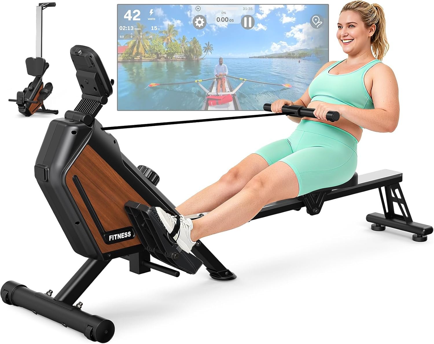 Rowing Machine Magnetic Rower with 16 Resistance Levels, Quiet Home Rowing Machine for Cardio Training, APP Connection, 160 kg Load Capacity, Vertical Storage