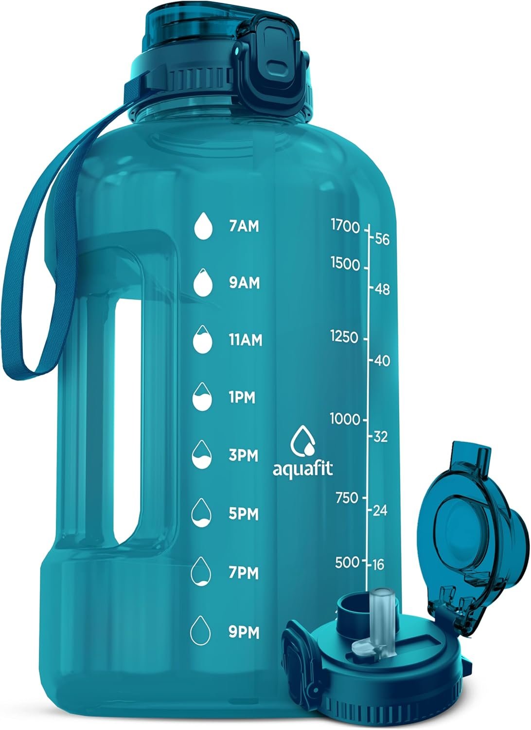 AQUAFIT Half Gallon Water Bottle with Time Marker – Straw & Chug Lid – BPA Free Gym Water Bottle with Straw – Big Gallon Jug (Aqua, 64 oz – 2in1 Lid)