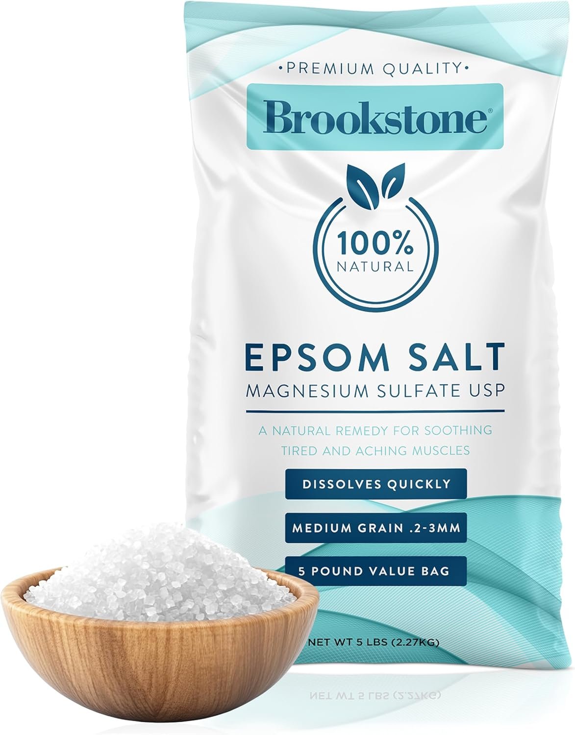 Brookstone 5 lb Epsom Salt Bulk Bag – Premium Magnesium Sulfate USP, Medium Grain Unscented Bath Soak Salt – Pure Epsom Salt for Bath, Foot Soak, Muscle Relief, Stress Relief & Skin Care