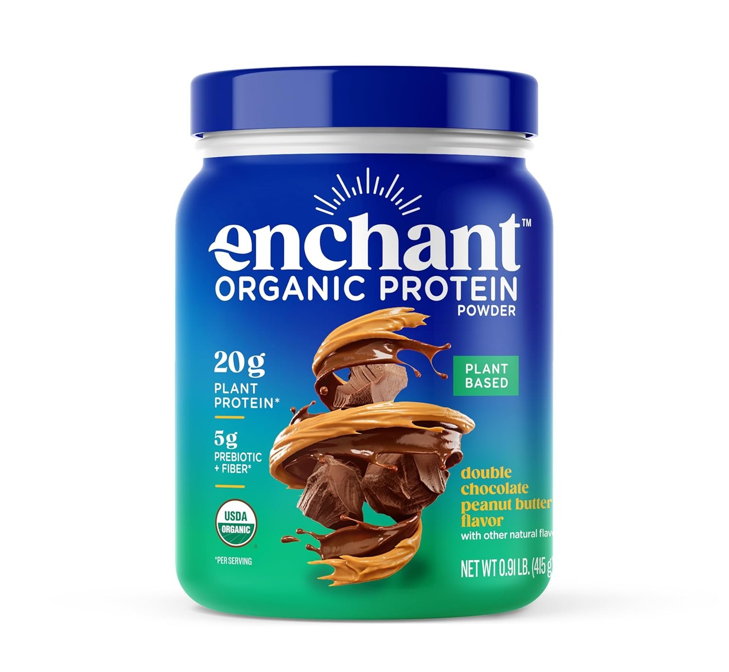 Enchant Organic Protein Powder, Chocolate Peanut Butter flavor – 20g Plant Protein from American Farms, 5g Prebiotic + fiber, USDA Organic, Non-GMO, Plant-based, Non-Dairy, Vegan, 0.91 lb