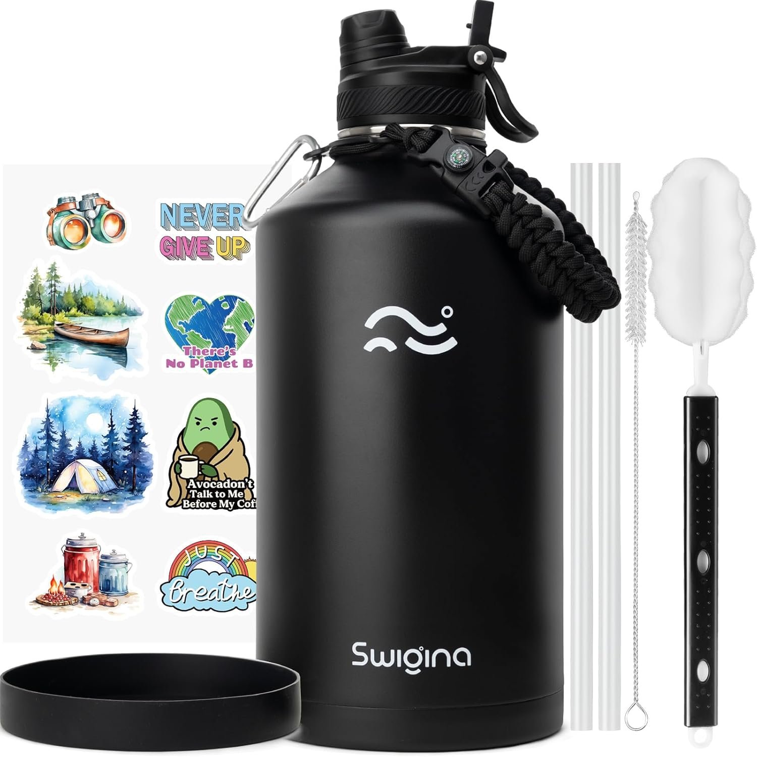 Swigina [2-IN-1 LID] Gallon Insulated Water Bottle with Silicone Boot (48hrs Cold/24hrs Hot) – DIY Stickers, Leakproof, BPA Free, 128 oz