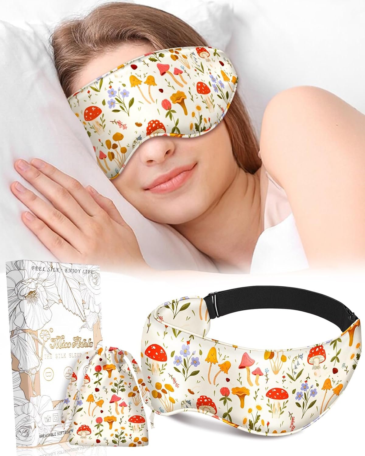 Miss Adola Cute Silk Weighted Eye Mask – Sleep Mask for Women Wife Mom for Sleeping Heat and Cold Lavender Mulberry Silk Eye Mask for Dry Eyes Ajustable with Drawstring Bag, Plant