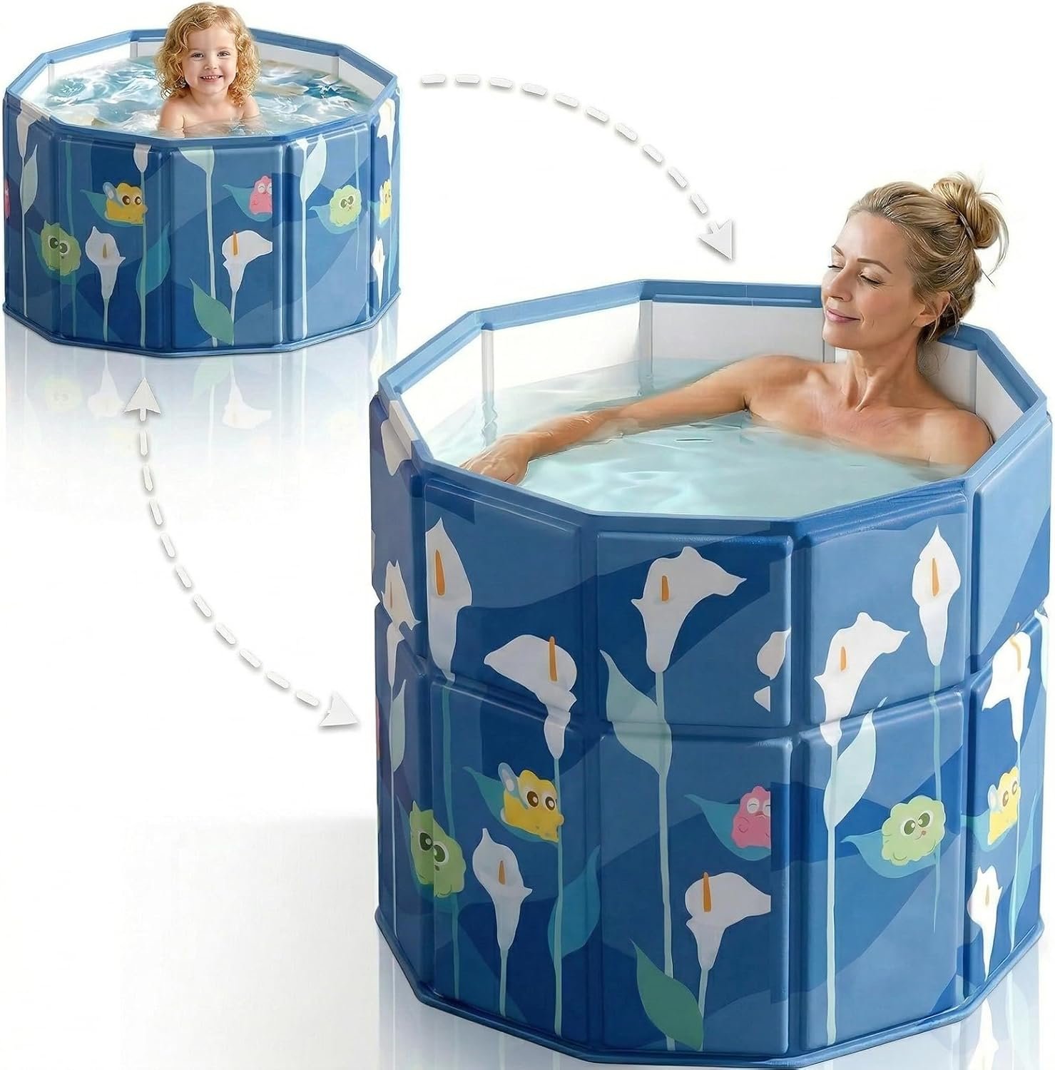 Quivora 27.5″ Portable Bathtub for Adults, Seniors, Kids & Pets, Inward Folding Edge for Easy Step-In, 2-in-1 Ice Bath & Hot SPA Collapsible Soaking Tub (Blue, 27.5×26″)
