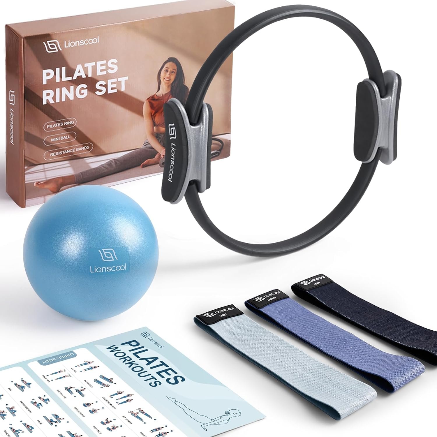 LIONSCOOL Pilates Ring Set – 14″ Anti-Deformation Magic Circle with Padded Handles, Mini Ball, Resistance Bands, Guide & Bag
