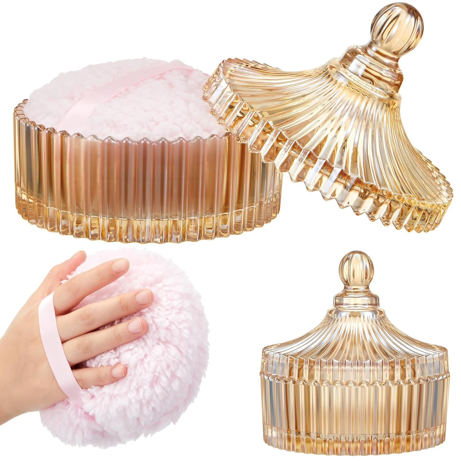 Tioncy 2 Pcs Extra Large Dusting Powder Puff and Container for Women-6” Glass Crystal Dusting Powder Container with Body Soft Washable Reusable Velour Face(Amber,Classic)