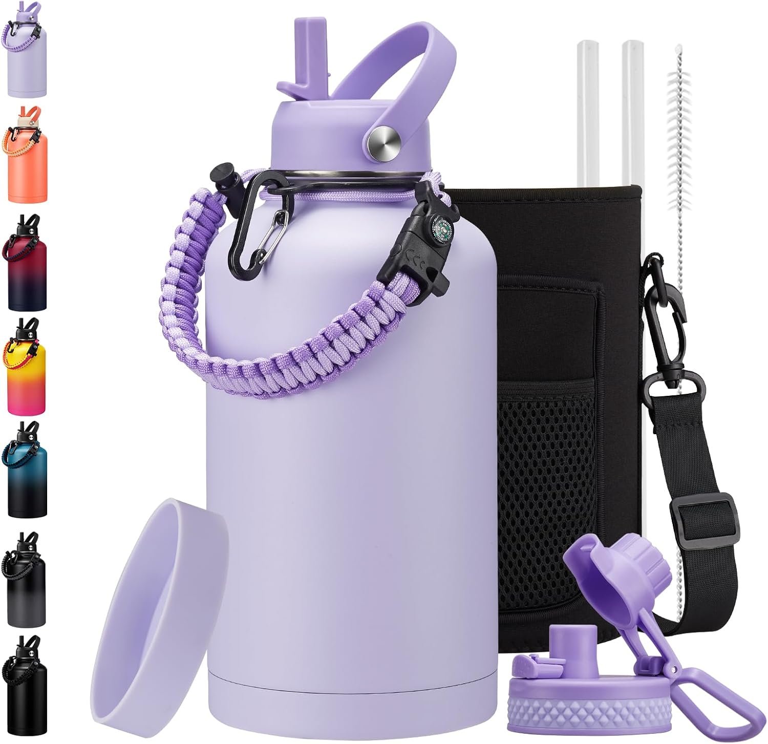 BENZZO Insulated Gallon Water Bottle with Straw Auto Spout Lid Cold 48h, 64/128 oz Water Jug With Carrying Pouch, Paracord Handle & Silicone Boot