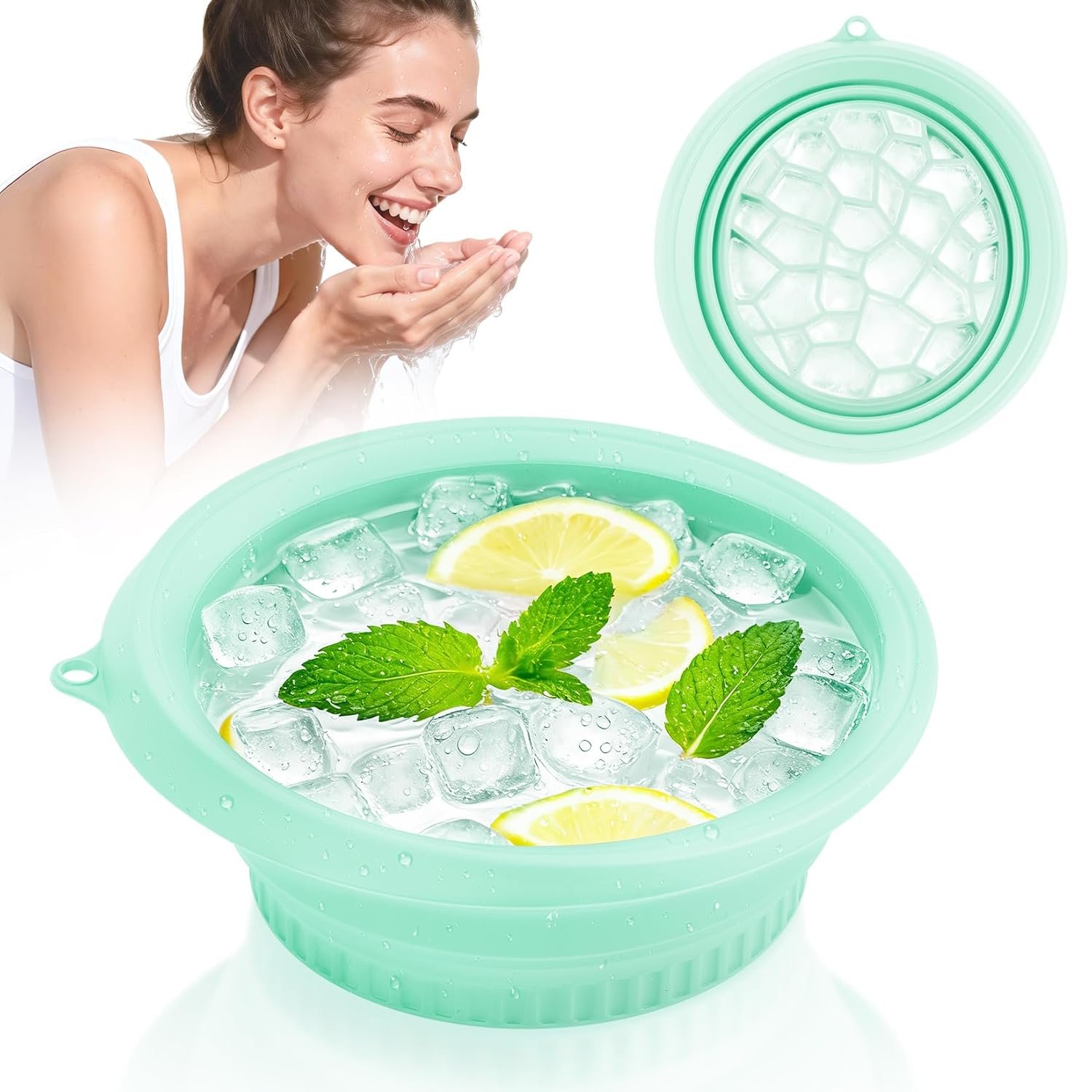 Facial Ice Bath Bowl for Skin Care – Shmian Foldable Silicone Bowl with Ice Tray, Portable Cold Therapy Facial Bowl for Puffiness & Pore Tightening, At-Home Skincare Routine (Green)