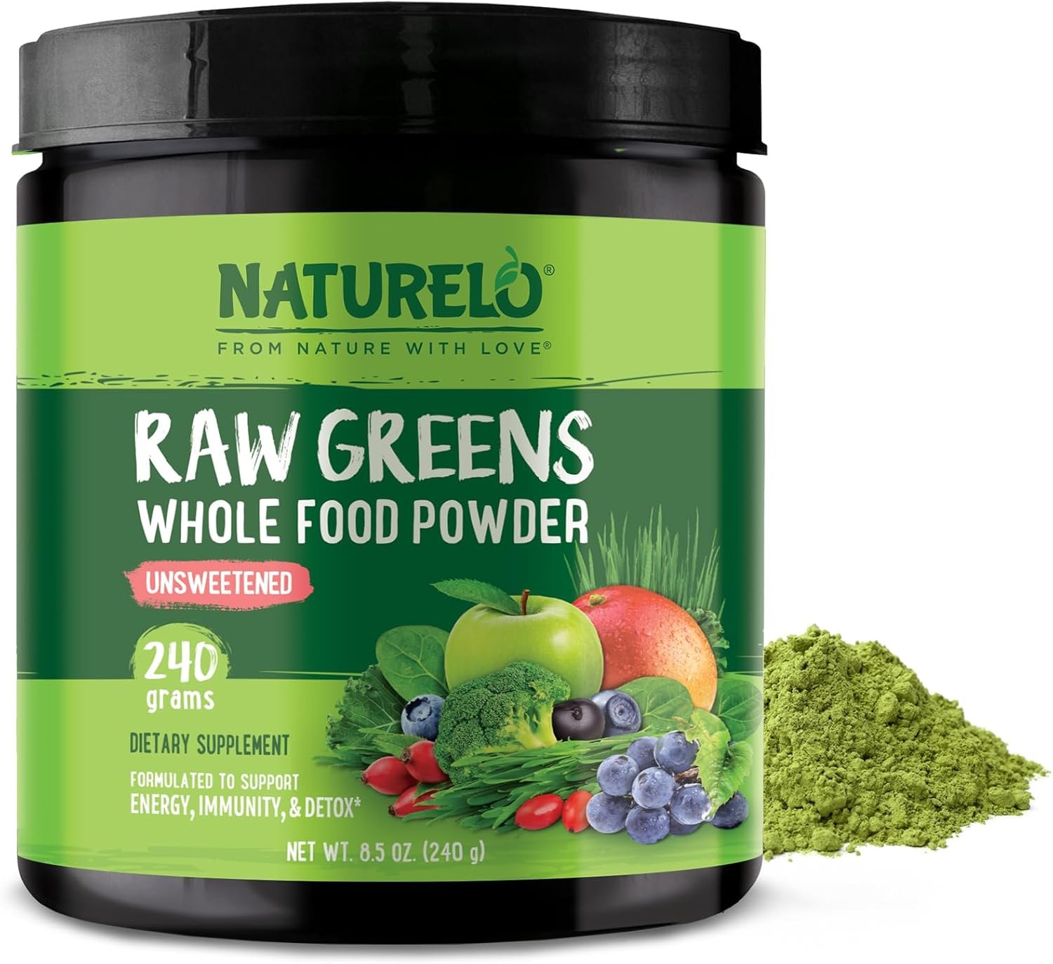 NATURELO Raw Greens Superfood Powder – Unsweetened – Boost Energy, Detox, Enhance Health – Organic Spirulina – Wheat Grass – Whole Food Nutrition from Fruits & Vegetables – 240 Grams