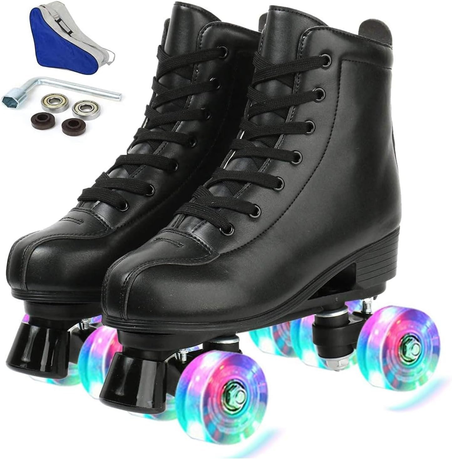 Classic Black Skates – Women’s & Girls’ PU Leather Womens Rollers with Light Up 4 Flash Wheels