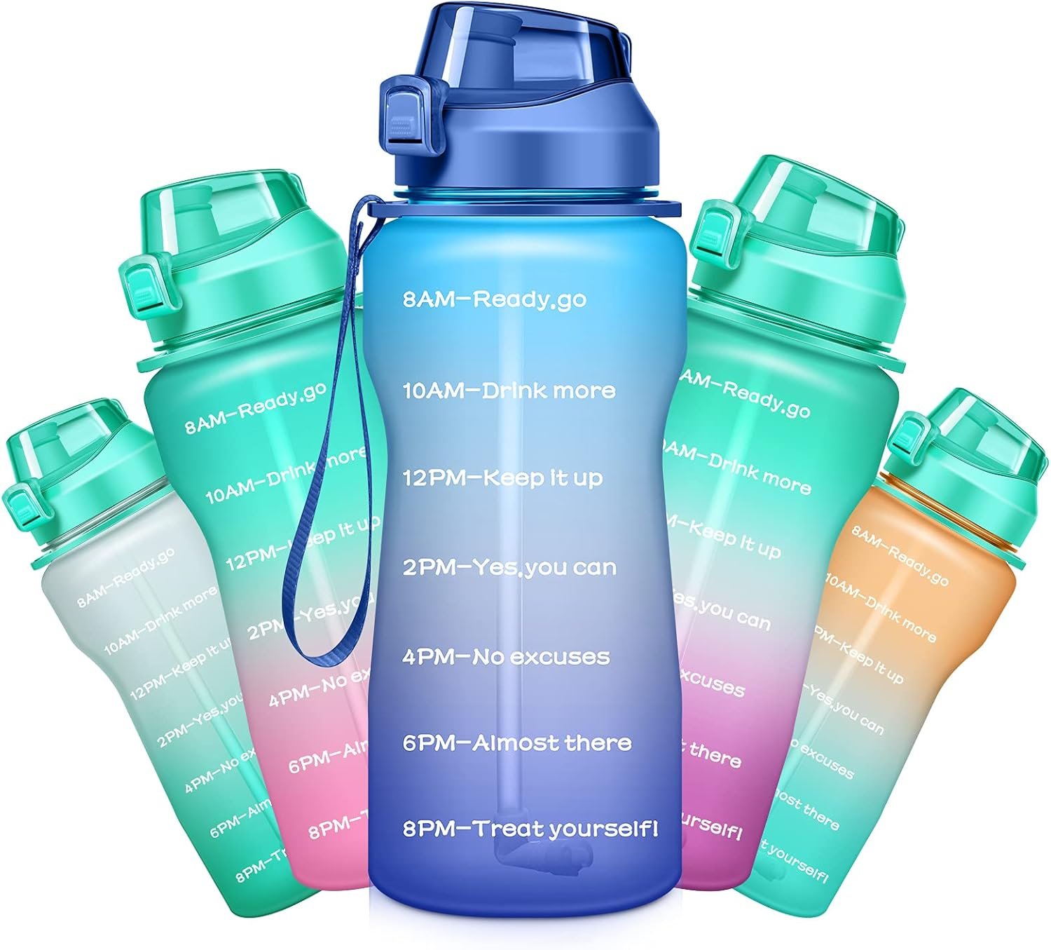 Gallon Motivational 64/100 oz Water Bottle with Time Marker & Straw, Large Daily Water Jug for Fitness Gym Outdoor Sports, Remind of All Day Hydration, Leak Proof, BPA Free (blue+purple, 100oz)
