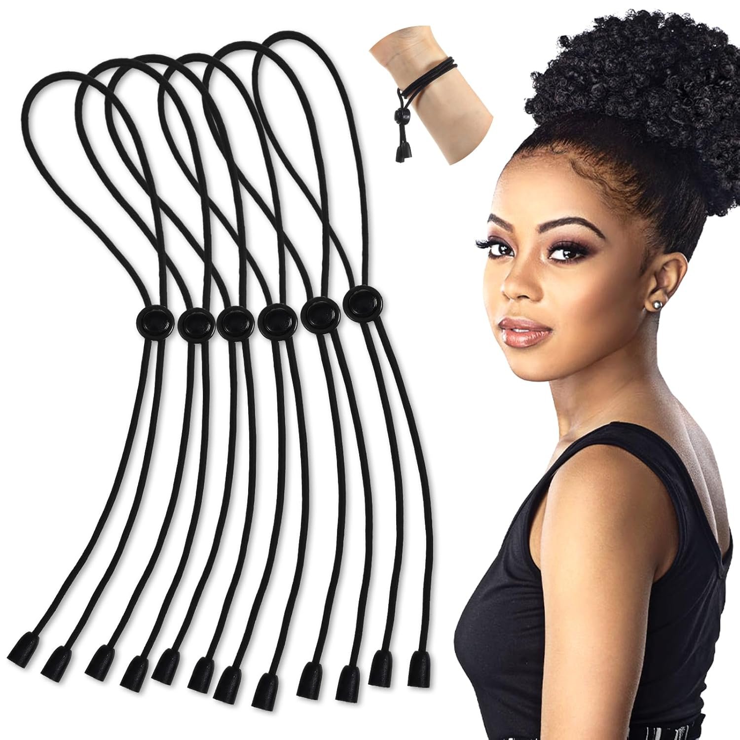 Xindojuz 6 PCS Adjustable Hair Ties for Thick Hair, Afro Puff Cuff Ponytail for Black Women Girls, Silk Soft Natural Hairties Headband for Locs Braided Curly Hairstyles (Black & Brown)