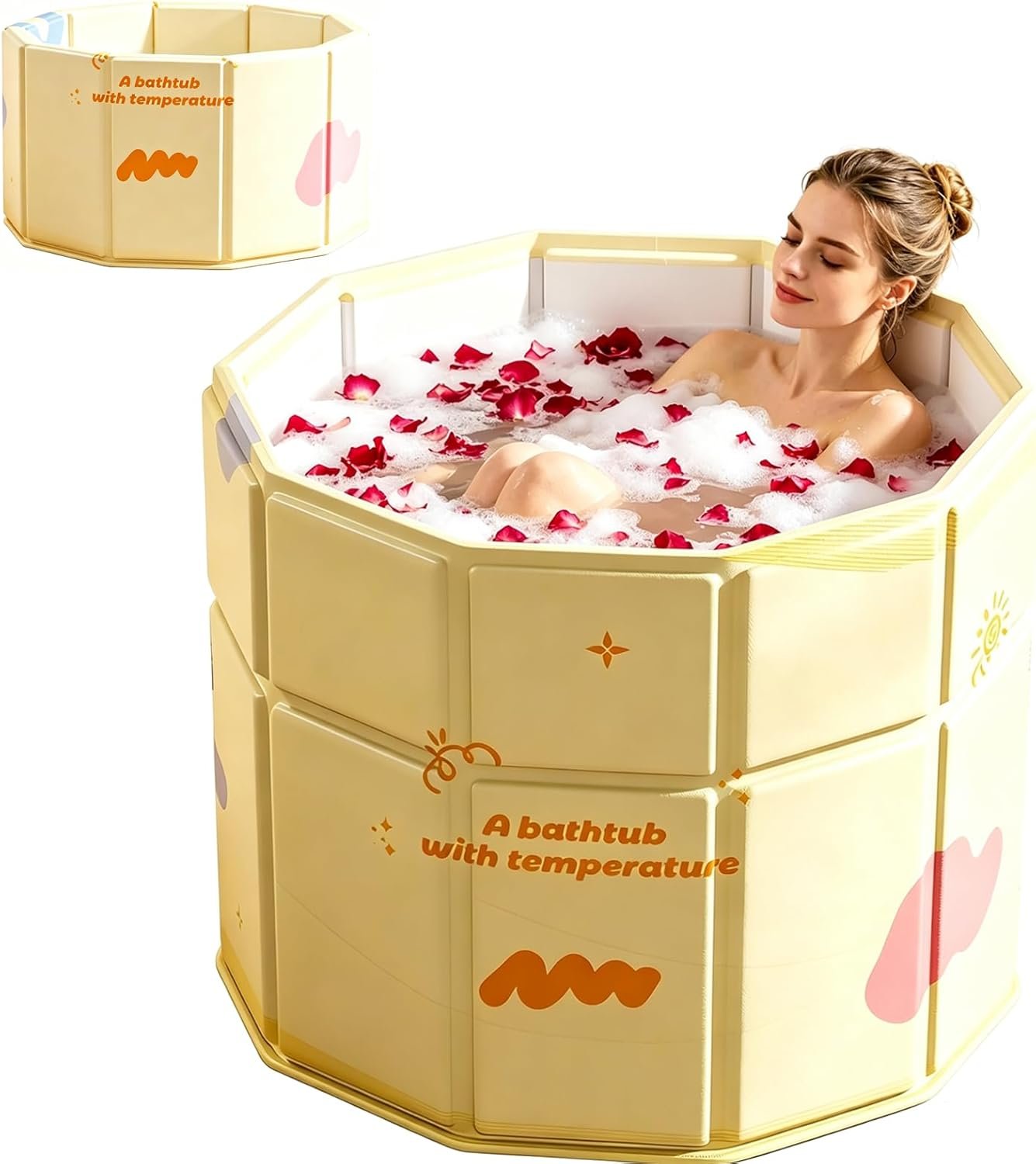 Genrenyen Portable Step-In Round Bathtub for Adults No Installation 31.5″L x 27.1″H Foldable Soaking Bath Tub for Shower Stall, Cold Plunge Collapsible Hot Ice Home SPA Tub