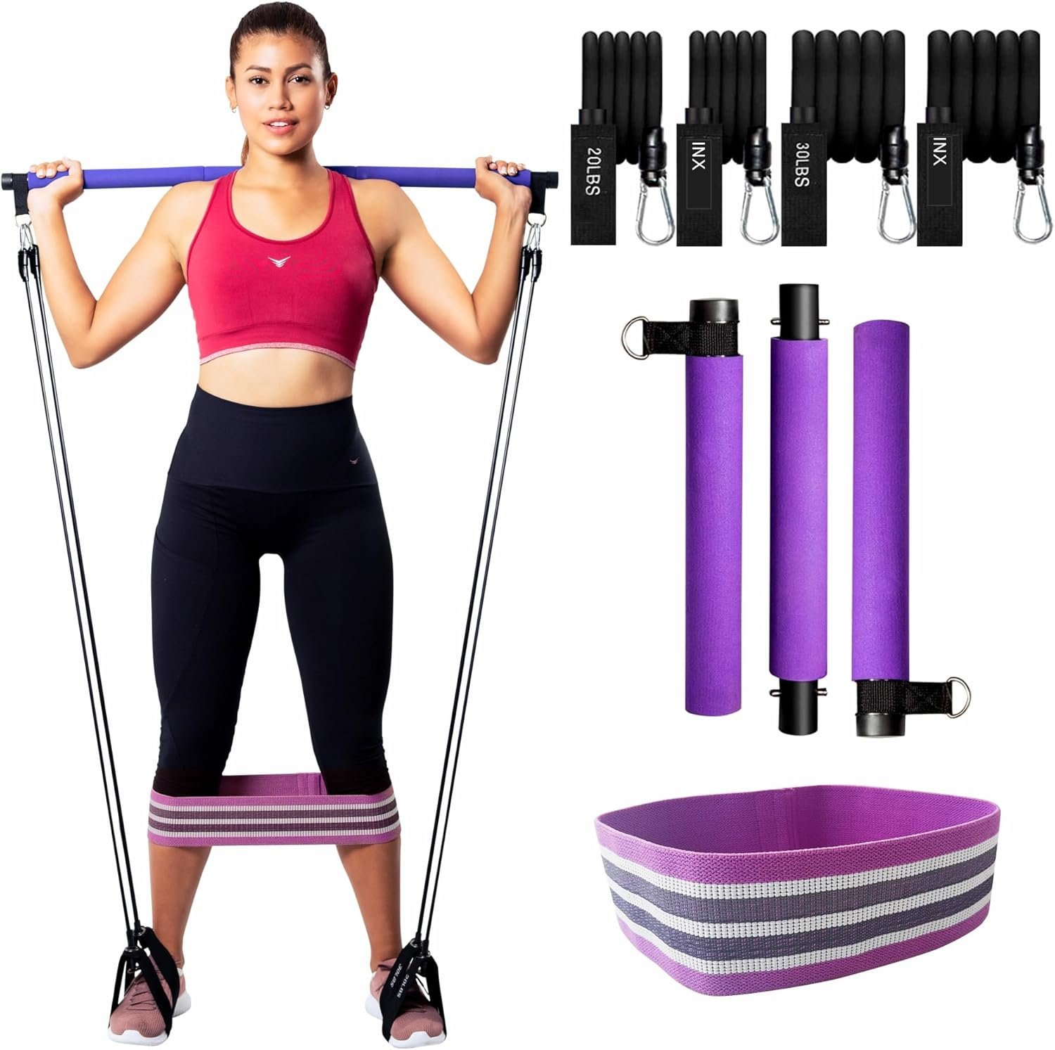 Pilates Bar Kit with Resistance Bands (Up to 100lbs) – Portable Home Gym Equipment for Squats, Yoga, and Full Body Toning – 3-Section Steel Bar + Fabric Booty Band
