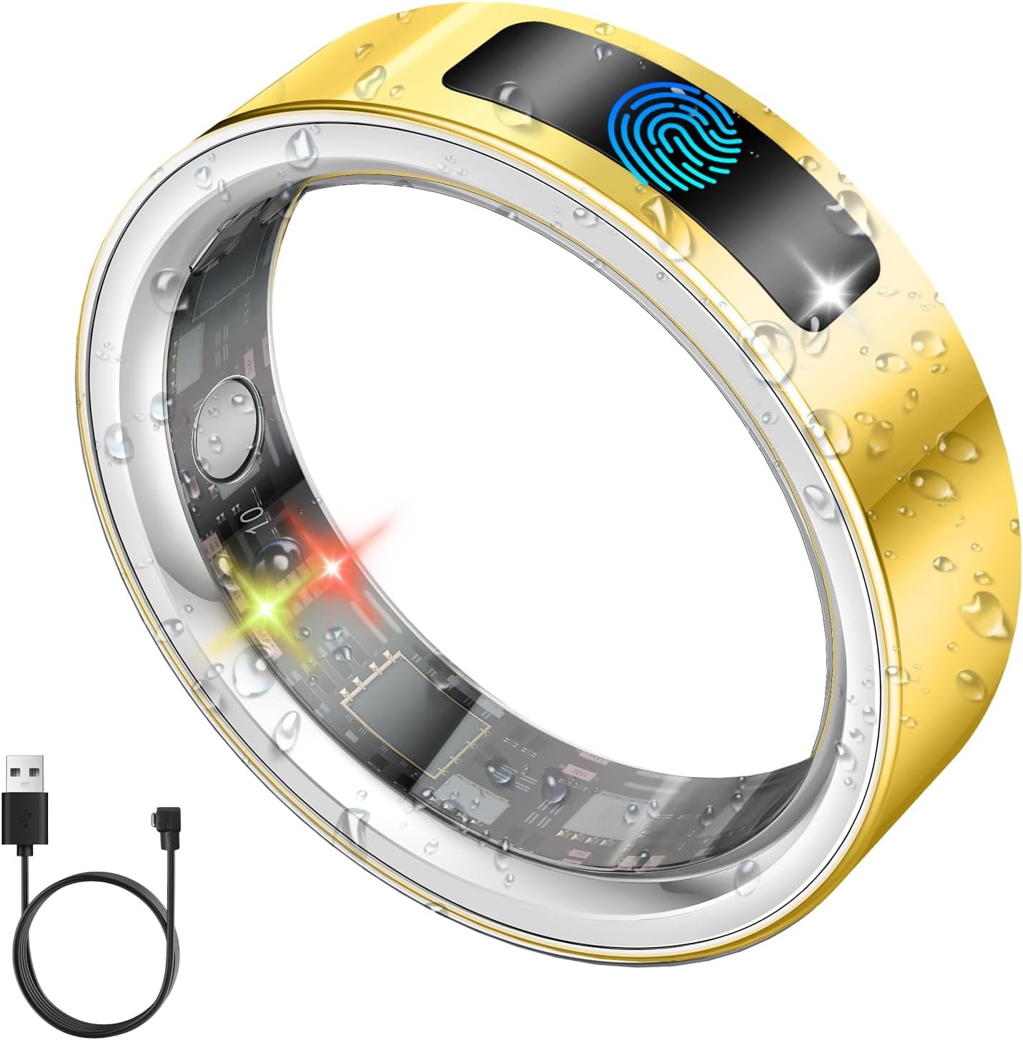 uaue Smart Health Ring for Women Men, Vibration Alert, Touch Control, Fitness Tracker Ring with Sleep/Women’s Health/Heart Rate/Steps, IP68 Waterproof for iPhone and Android, Gold 7, No Subscription