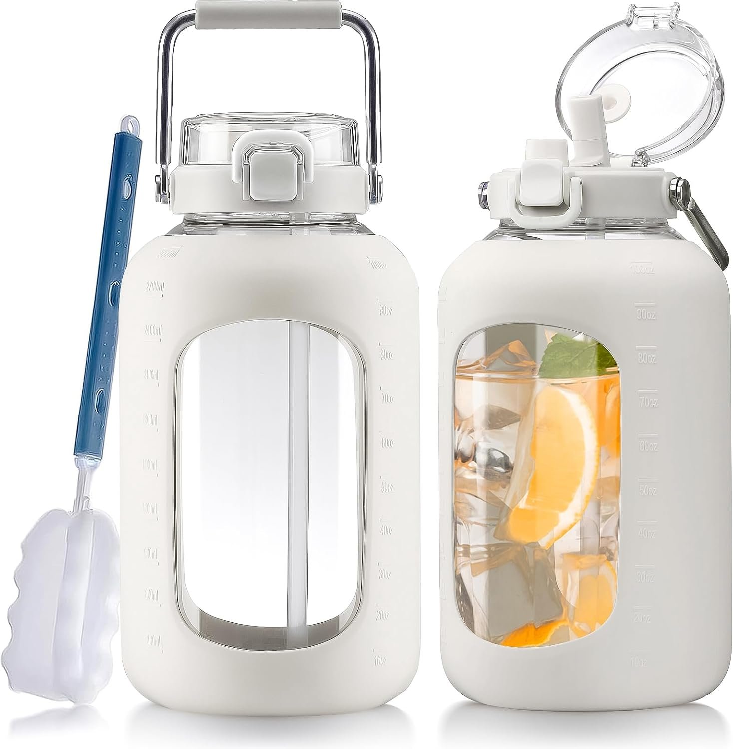 WINSA Large Glass Water Bottles with Stainless Steel Handle,100 oz Gallon Drinking Bottle with 2-in-1 Straw Lid,3 Liter Glass Water Jug with Silicone Sleeve,Wide Mouth,White