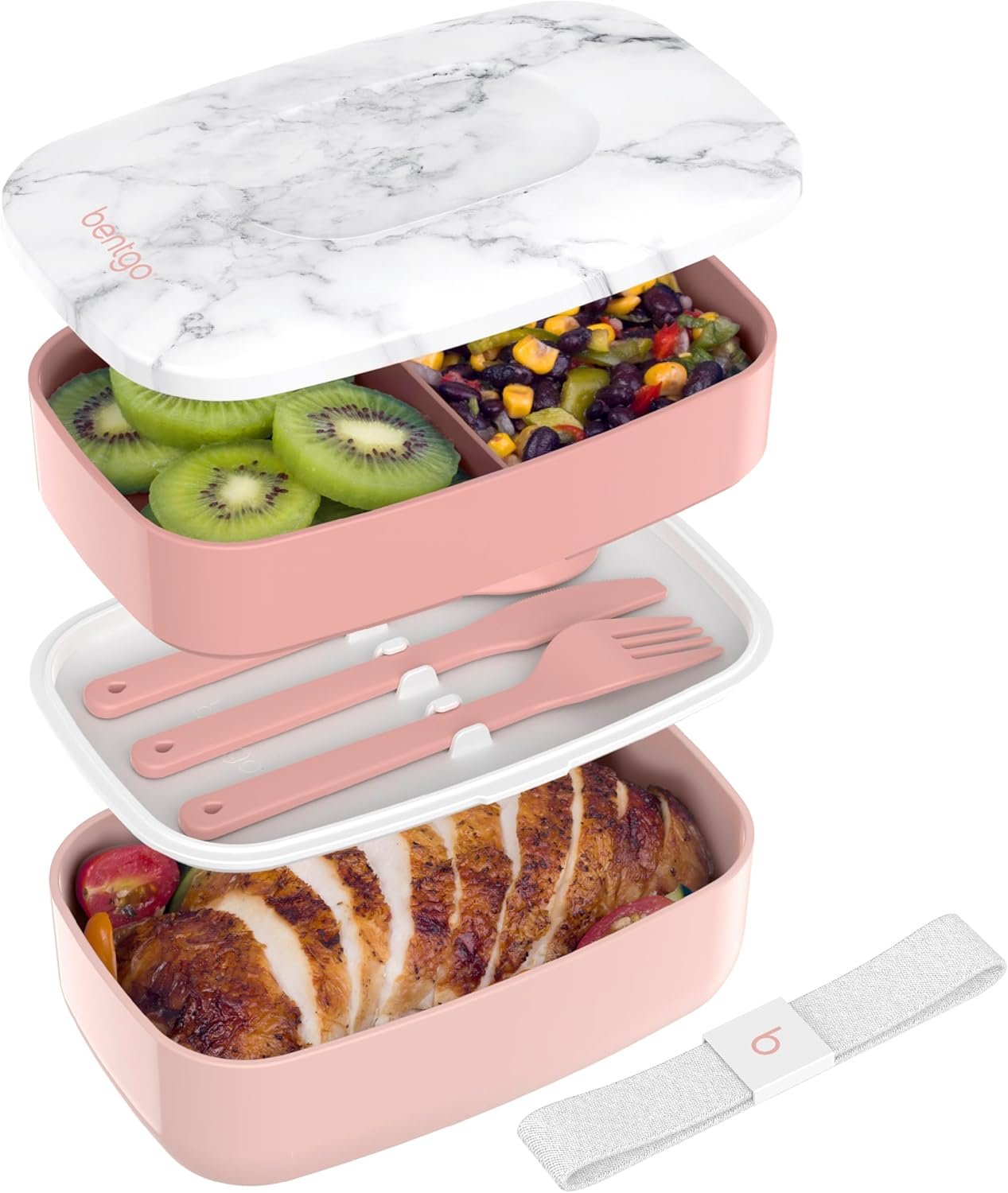 Bentgo Classic – Adult Bento Box, Stackable 3-Compartment Lunch Box with Removable Utensil Set and Sealing Strap, BPA-Free, Food Container Ideal for Meal Prep, Work, and On the Go (Blush Marble)