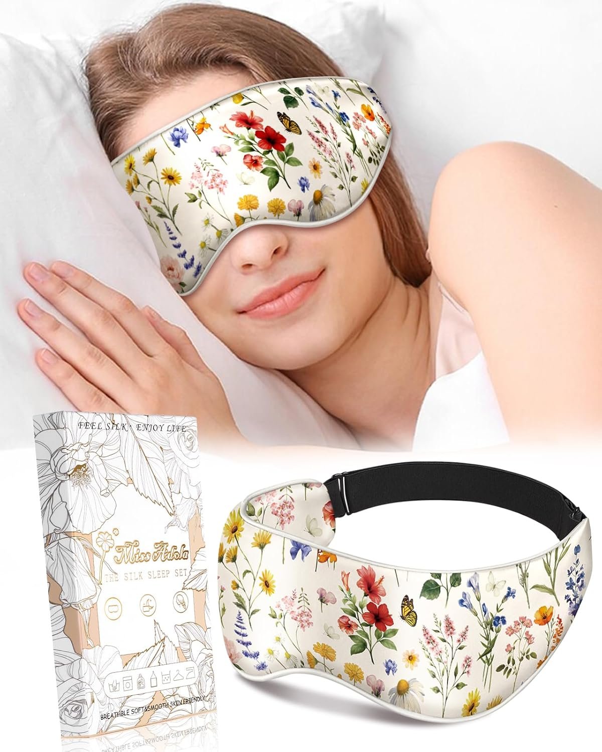 Miss Adola Silk Weighted Eye Mask – Microwave Eye Mask Heat and Cold Warm Compress for Sleeping Dry Eyes Pillow Soft Smooth Lavender Mulberry Silk Sleep Mask for Women Wife Mom – Flower