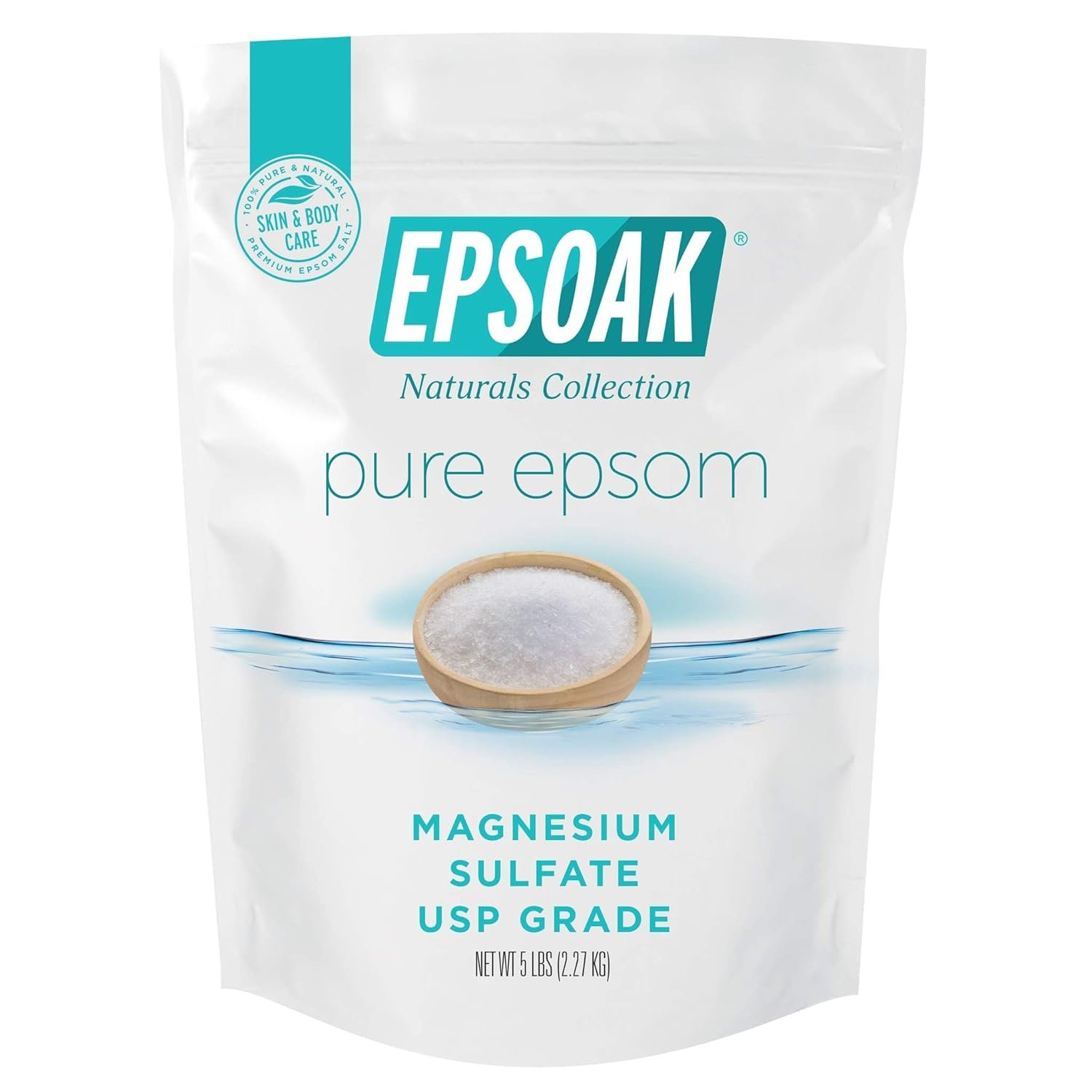 Epsoak Epsom Salt 5 lb. Magnesium Sulfate USP. Resealable Epsom Salt Bag Unscented, Made in The USA, Cruelty-Free Certified